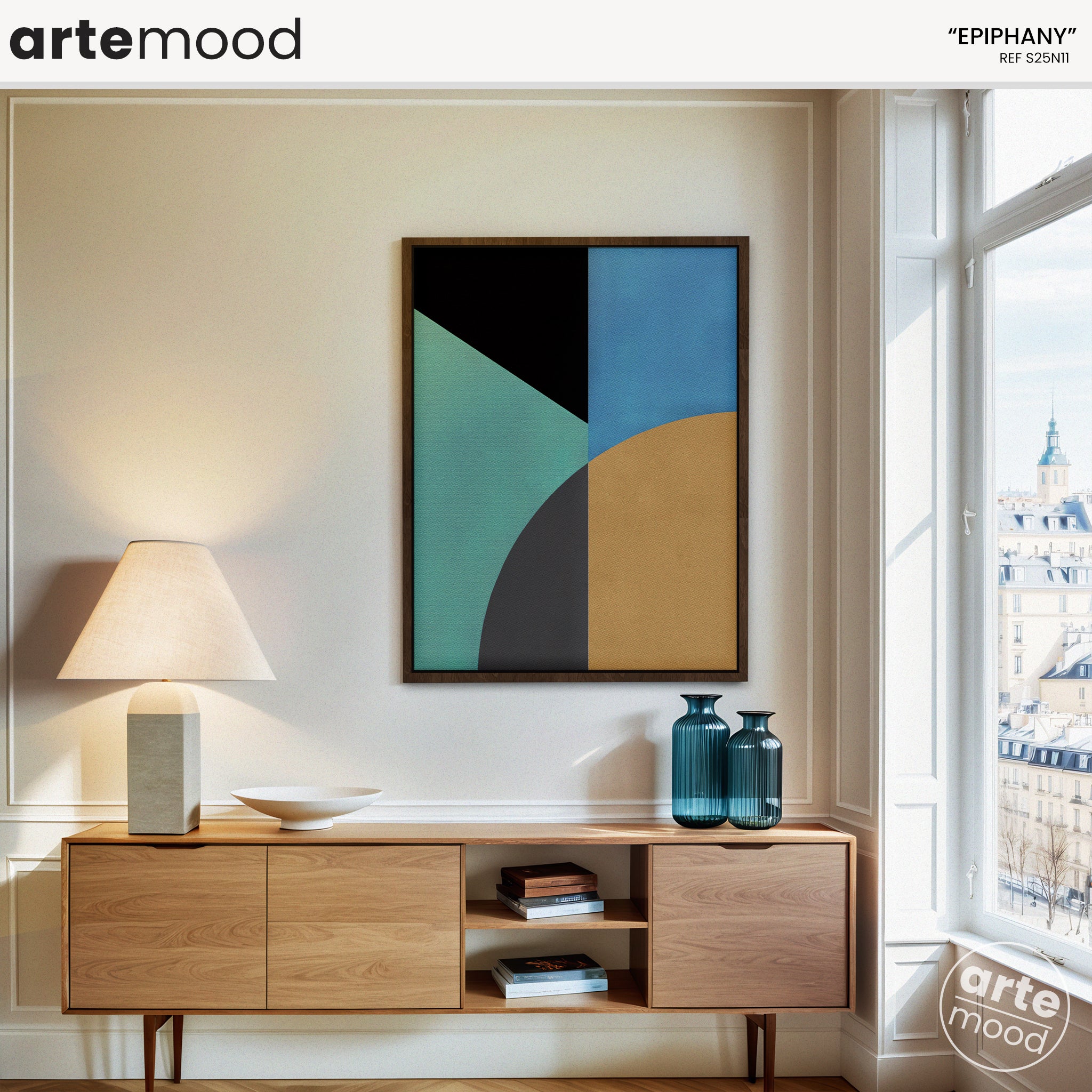 Abstract Artwork Print On Canvas - Minimalist Geometric Modern Art - Green, Turquoise, Yellow, Brown, Black, Blue, Minimal Retro Art, Vintage Zen Art, Calming Art Print For Green Room Decor