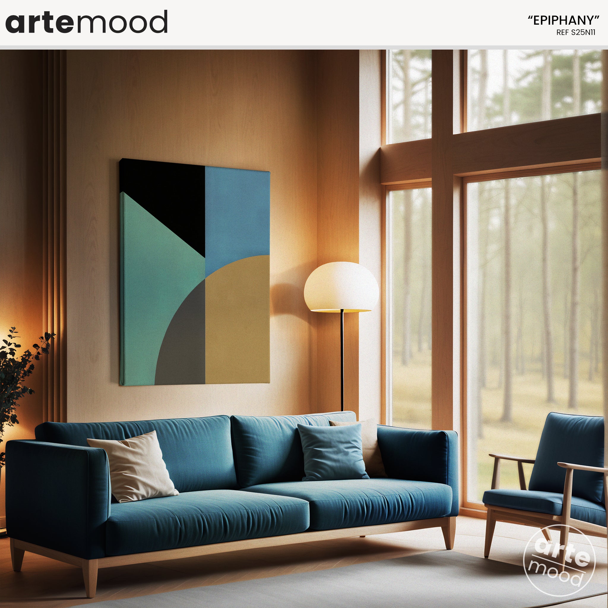 Abstract Artwork Print On Canvas - Minimalist Geometric Modern Art - Green, Turquoise, Yellow, Brown, Black, Blue, Minimal Retro Art, Vintage Zen Art, Calming Art Print For Green Room Decor