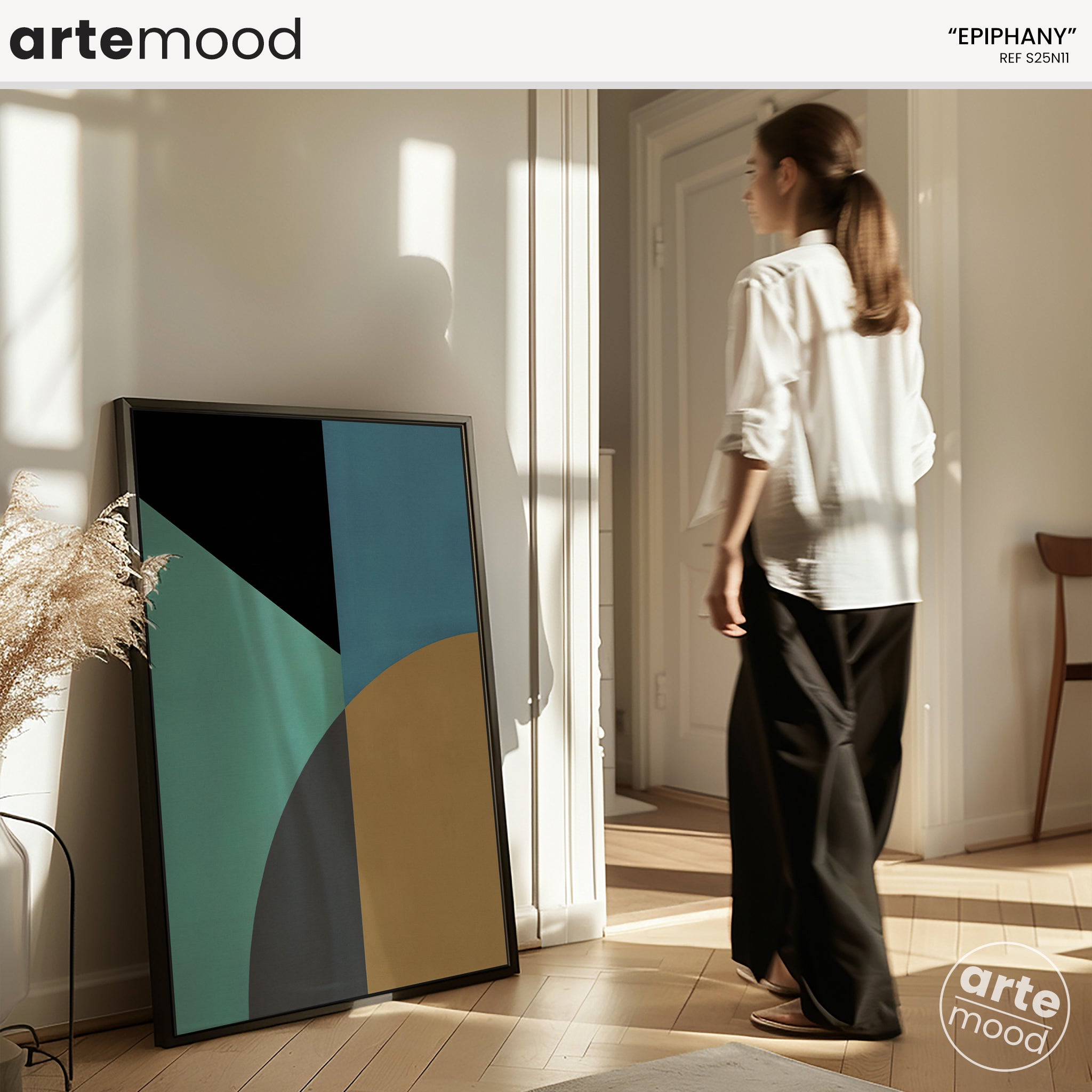 Abstract Artwork Print On Canvas - Minimalist Geometric Modern Art - Green, Turquoise, Yellow, Brown, Black, Blue, Minimal Retro Art, Vintage Zen Art, Calming Art Print For Green Room Decor