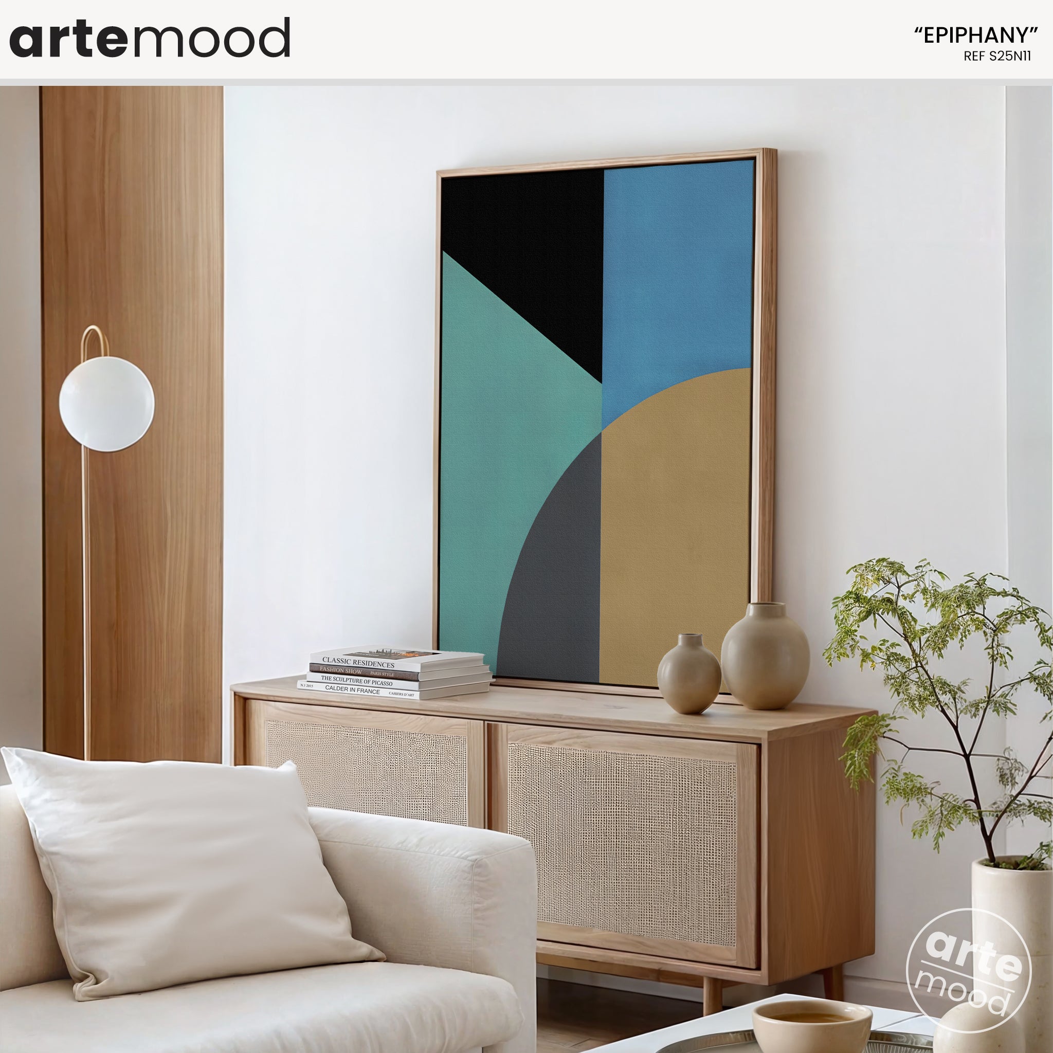 Abstract Artwork Print On Canvas - Minimalist Geometric Modern Art - Green, Turquoise, Yellow, Brown, Black, Blue, Minimal Retro Art, Vintage Zen Art, Calming Art Print For Green Room Decor