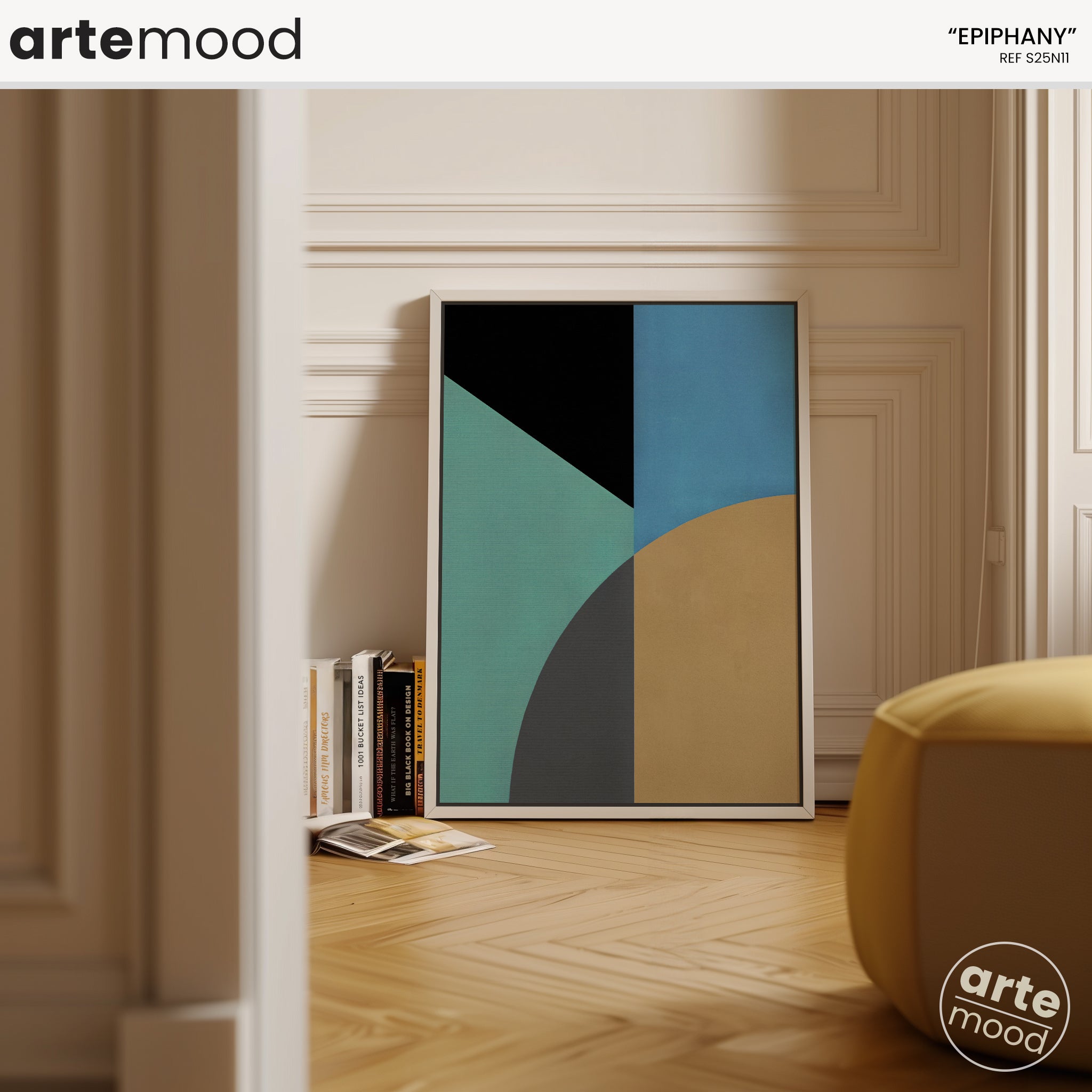 Abstract Artwork Print On Canvas - Minimalist Geometric Modern Art - Green, Turquoise, Yellow, Brown, Black, Blue, Minimal Retro Art, Vintage Zen Art, Calming Art Print For Green Room Decor