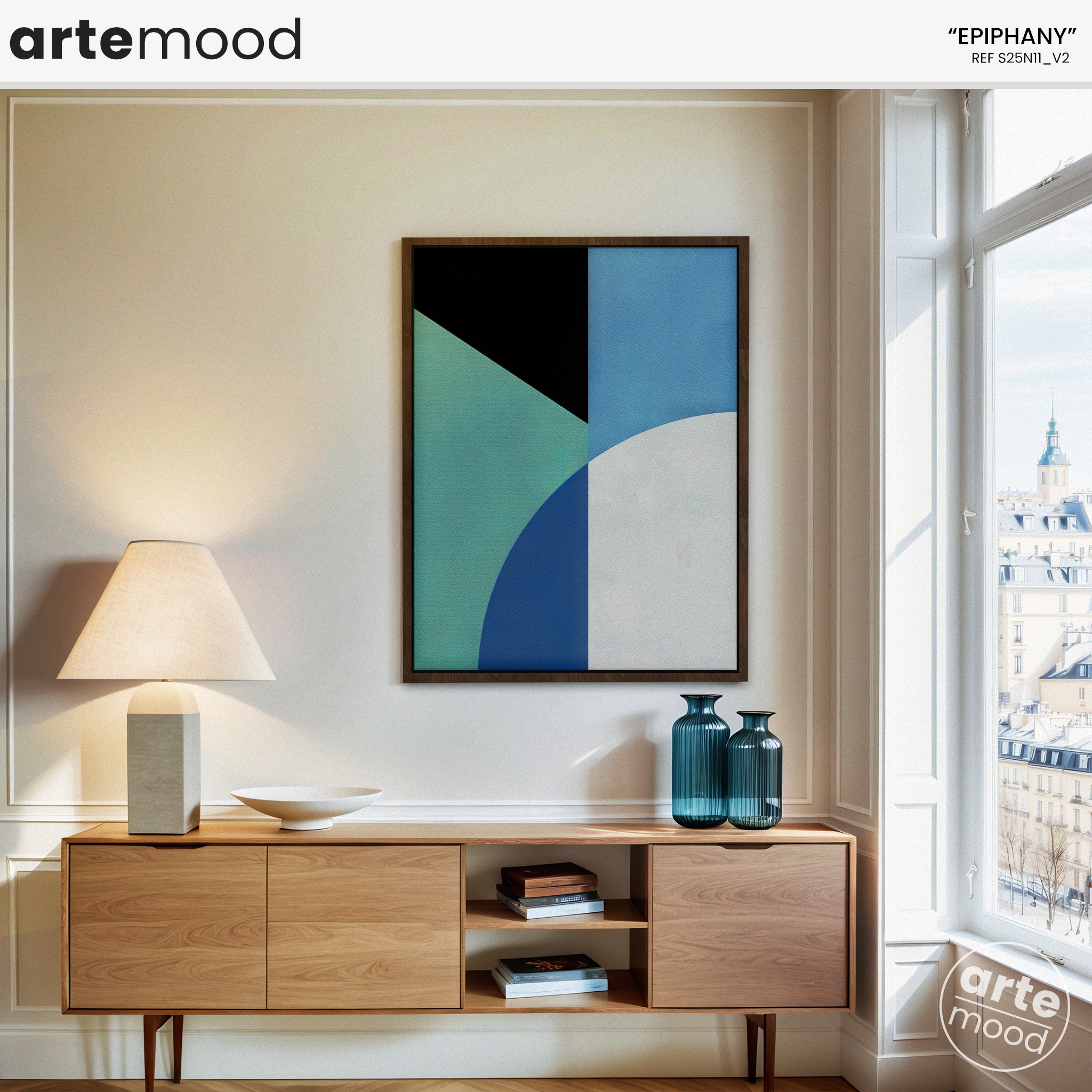 Abstract Artwork Print On Canvas - Minimalist Geometric Modern Art - Green, Turquoise, Blue, White Composition, Beach Art, Ocean Sea Art Print, Blue Room Wall Decor, Minimalist Art Print Elegant and Contemporary