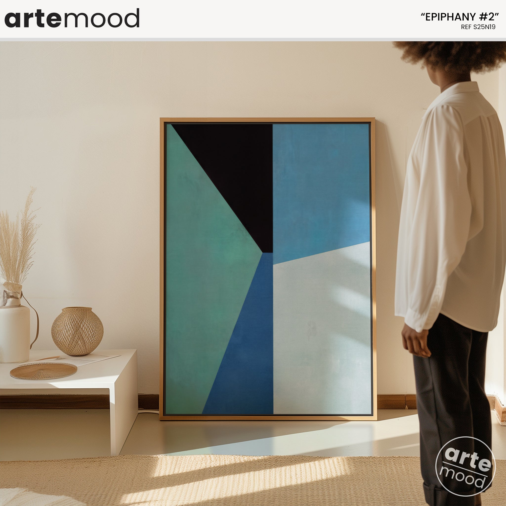 Abstract Artwork Print On Canvas - Minimalist Geometric Modern Art - Green, Blue, Black, White, Contemporary Wall Art Print, Minimalist Blue Room Wall Decor