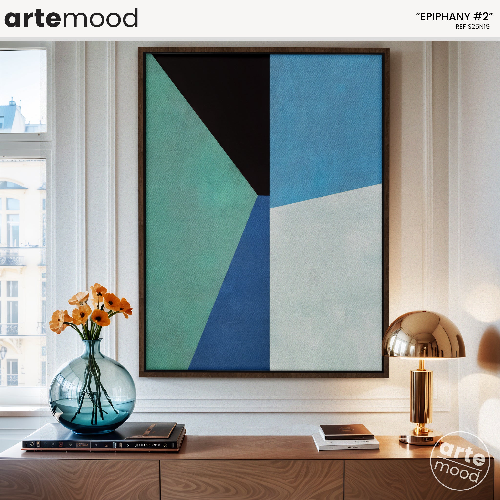 Abstract Artwork Print On Canvas - Minimalist Geometric Modern Art - Green, Blue, Black, White, Contemporary Wall Art Print, Minimalist Blue Room Wall Decor
