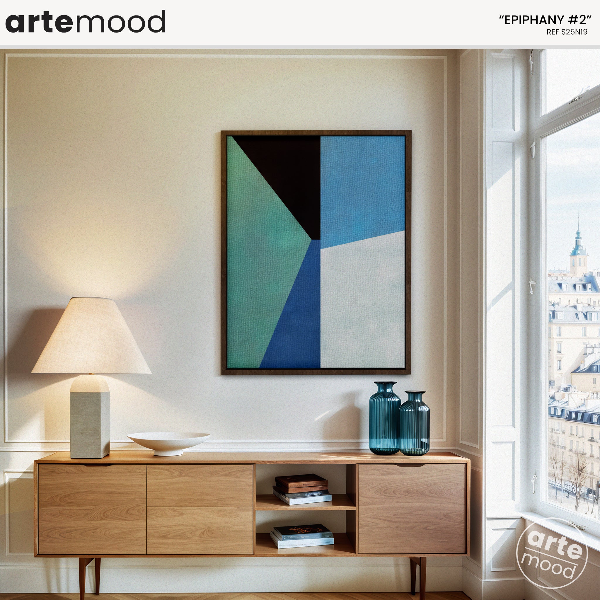 Abstract Artwork Print On Canvas - Minimalist Geometric Modern Art - Green, Blue, Black, White, Contemporary Wall Art Print, Minimalist Blue Room Wall Decor