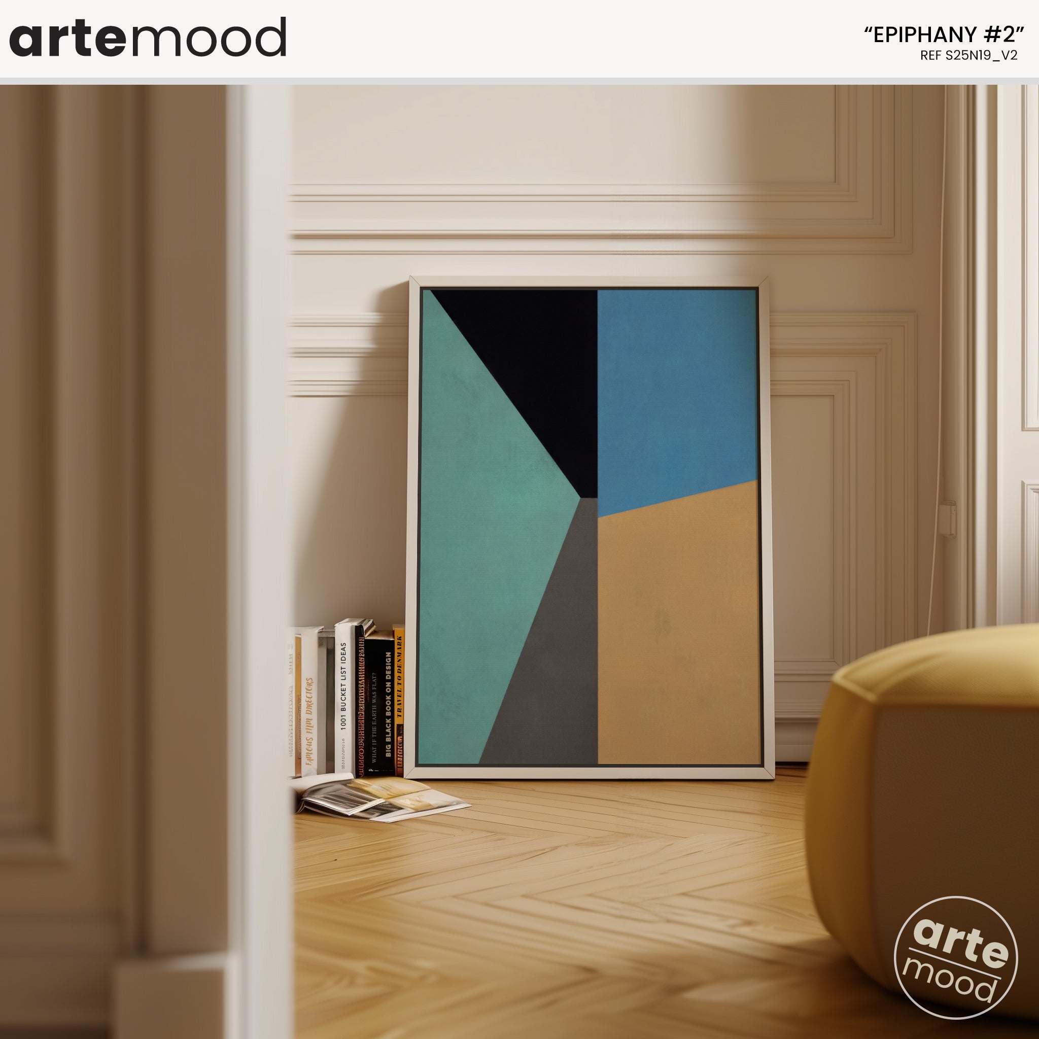 Abstract Artwork Print - Modern Art Canvas - Vibrant Color Art, Simple Forms, Geometric Art, Turquoise, Blue, Yellow, Black, Sophisticated Minimal Room Wall Art Decor