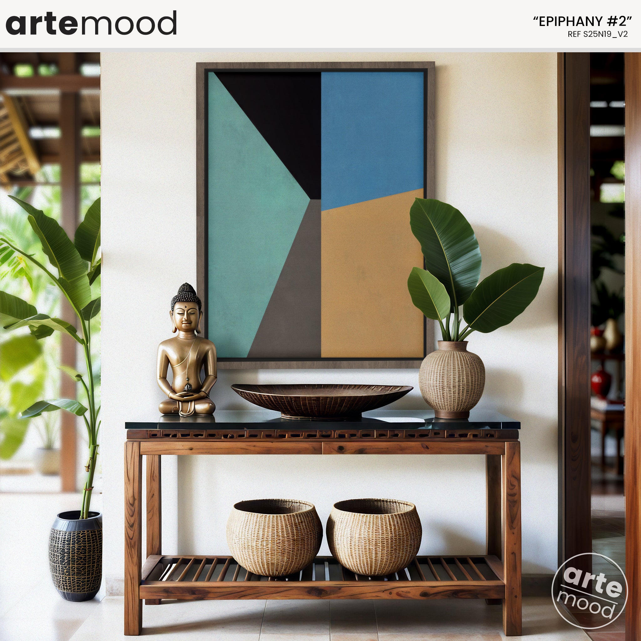 Abstract Artwork Print - Modern Art Canvas - Vibrant Color Art, Simple Forms, Geometric Art, Turquoise, Blue, Yellow, Black, Sophisticated Minimal Room Wall Art Decor