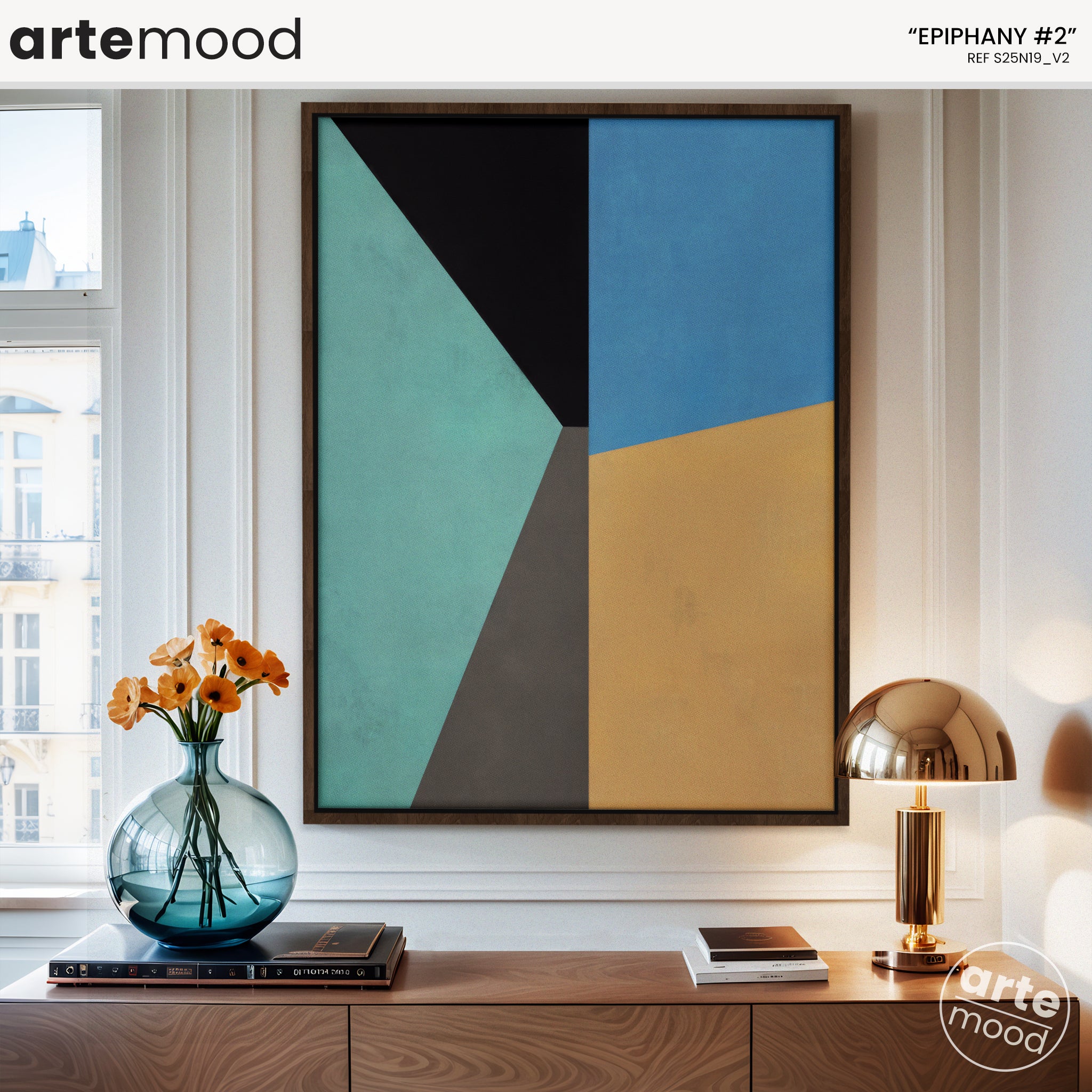 Abstract Artwork Print - Modern Art Canvas - Vibrant Color Art, Simple Forms, Geometric Art, Turquoise, Blue, Yellow, Black, Sophisticated Minimal Room Wall Art Decor