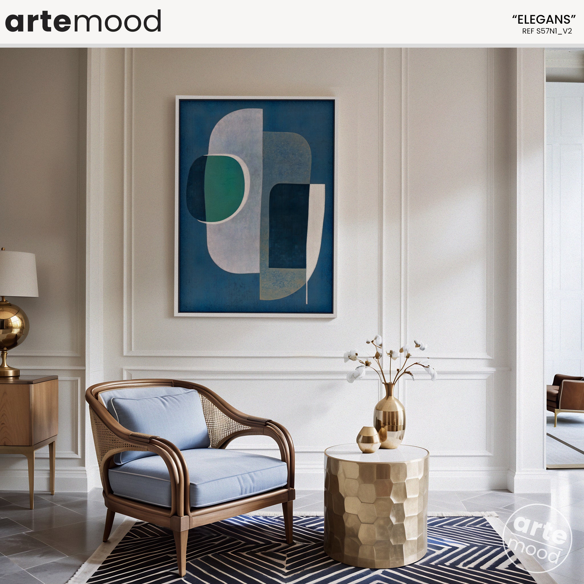 Abstract Artwork Print On Canvas - Minimalist Geometric Modern Art - Green, White, Blue. Upscale Wall Decor, Chic Blue Room Decor, Modern Organic Wall Art Print