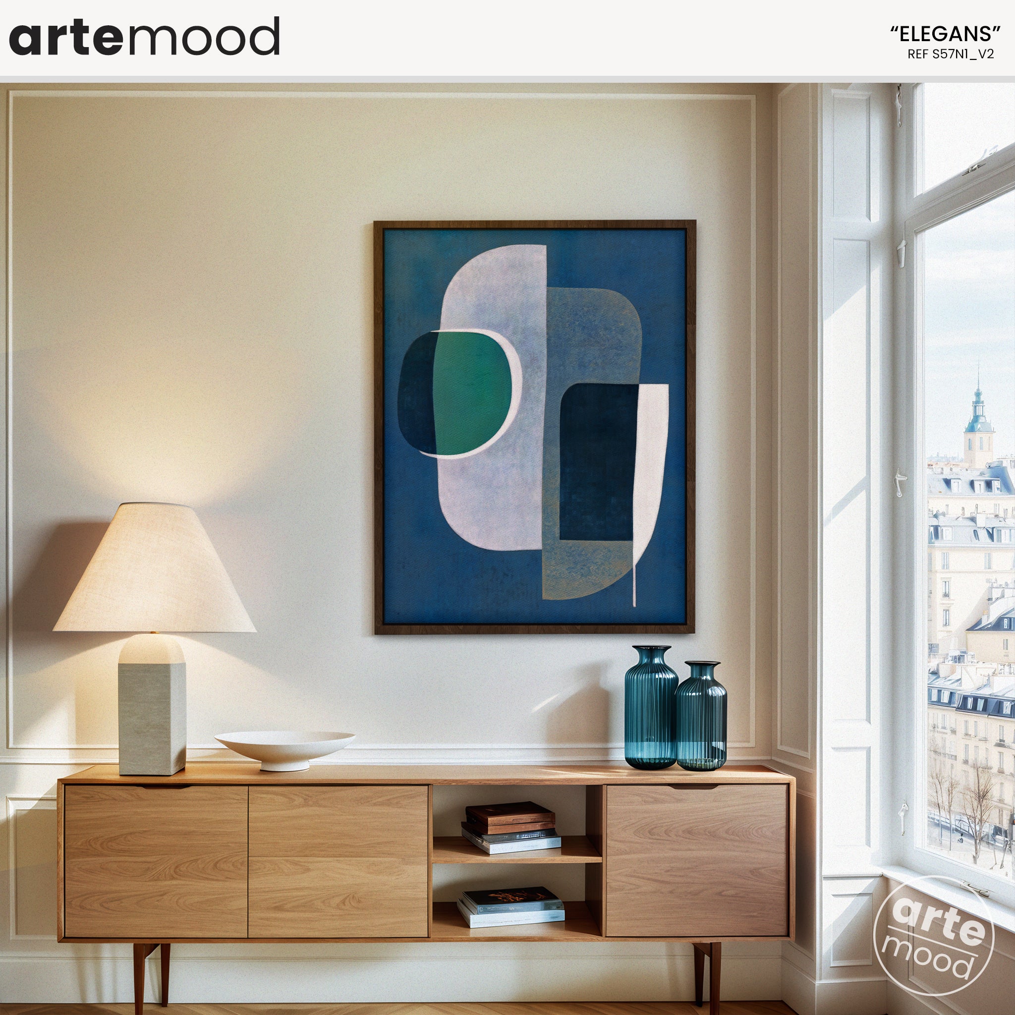 Abstract Artwork Print On Canvas - Minimalist Geometric Modern Art - Green, White, Blue. Upscale Wall Decor, Chic Blue Room Decor, Modern Organic Wall Art Print