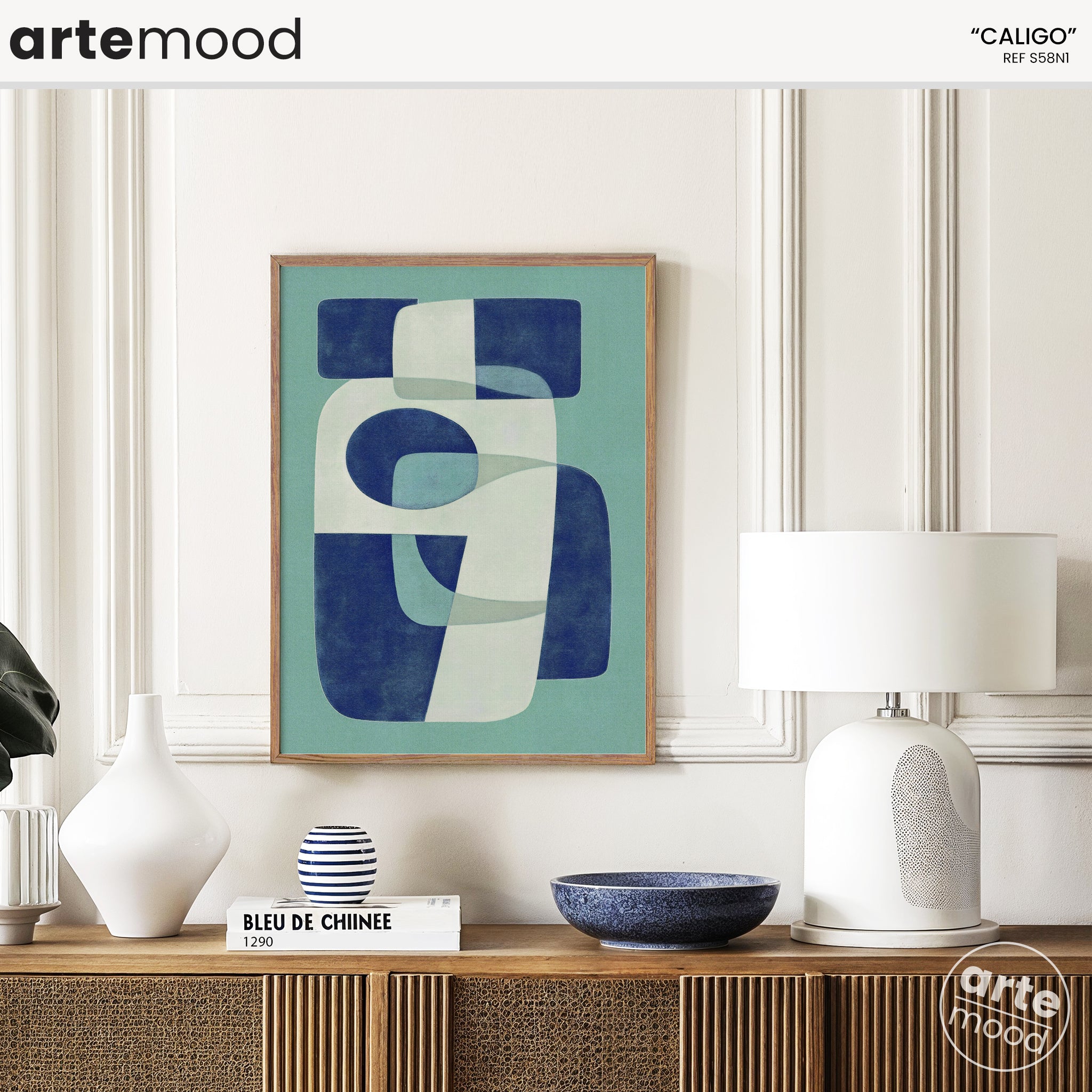 Chic Trendy Blue Artwork Print On Canvas - Minimalist Geometric Modern Art - Blue, Turquoise, Beige, White, Chic Fluid , Abstract Organic Composition, Blue Modern Wall Art