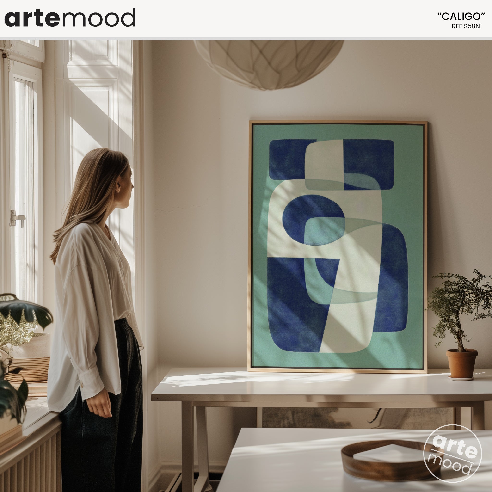 Chic Trendy Blue Artwork Print On Canvas - Minimalist Geometric Modern Art - Blue, Turquoise, Beige, White, Chic Fluid , Abstract Organic Composition, Blue Modern Wall Art
