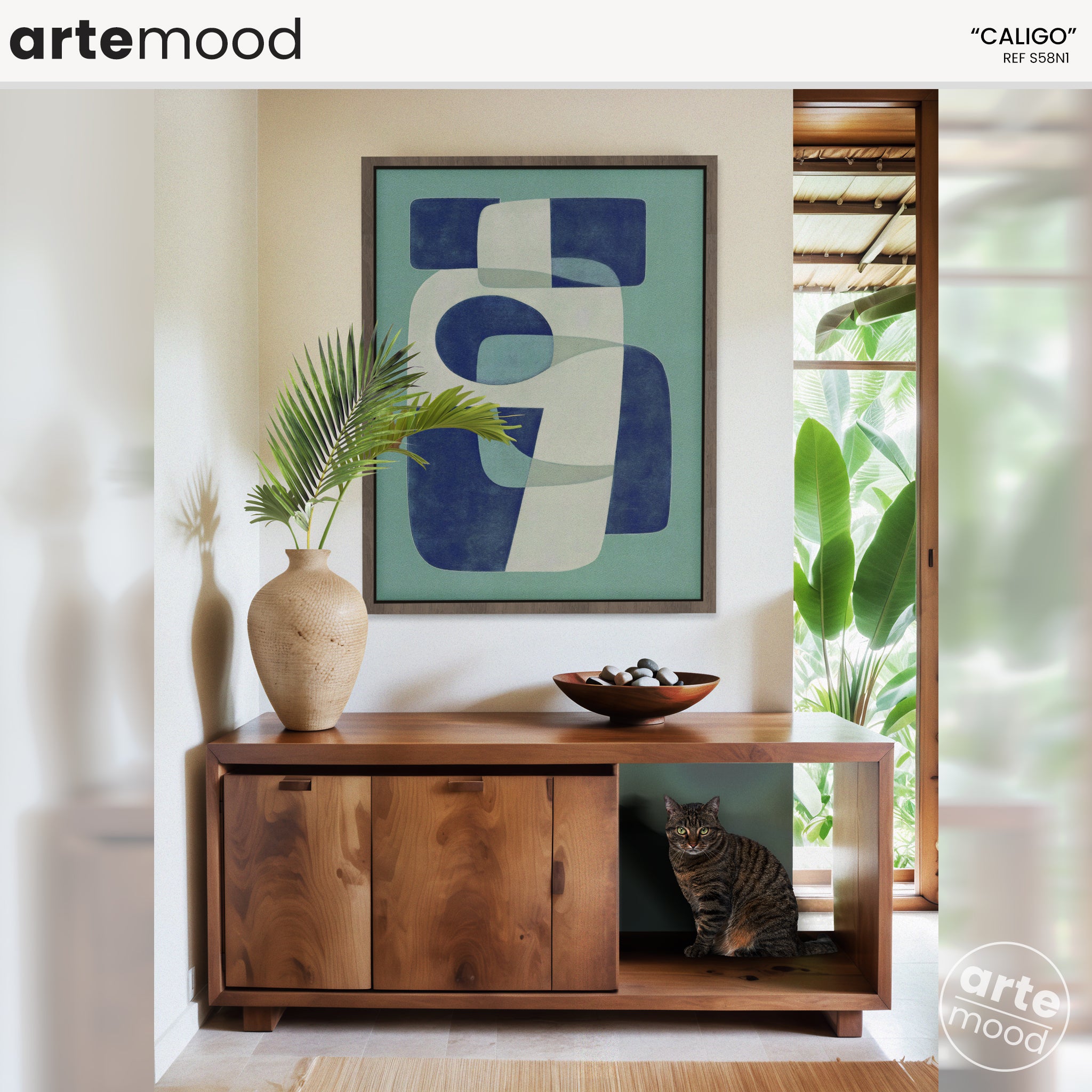 Chic Trendy Blue Artwork Print On Canvas - Minimalist Geometric Modern Art - Blue, Turquoise, Beige, White, Chic Fluid , Abstract Organic Composition, Blue Modern Wall Art