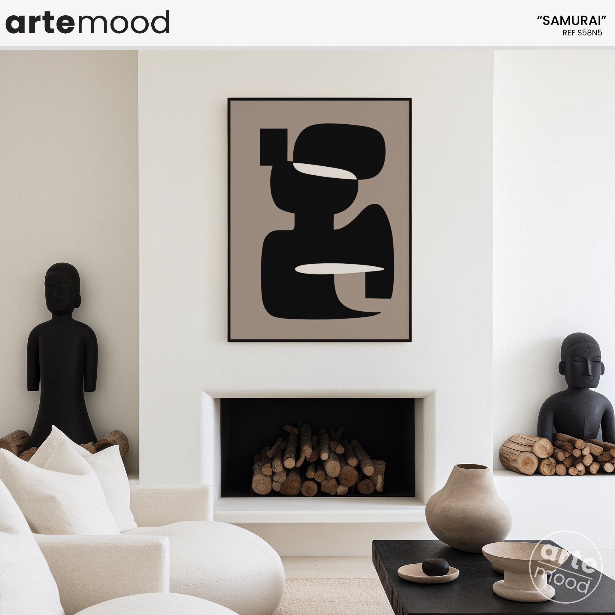 Abstract Artwork Print - Modern Art Canvas - Contemporary Composition Geometric Art Flow Black and White on Brown