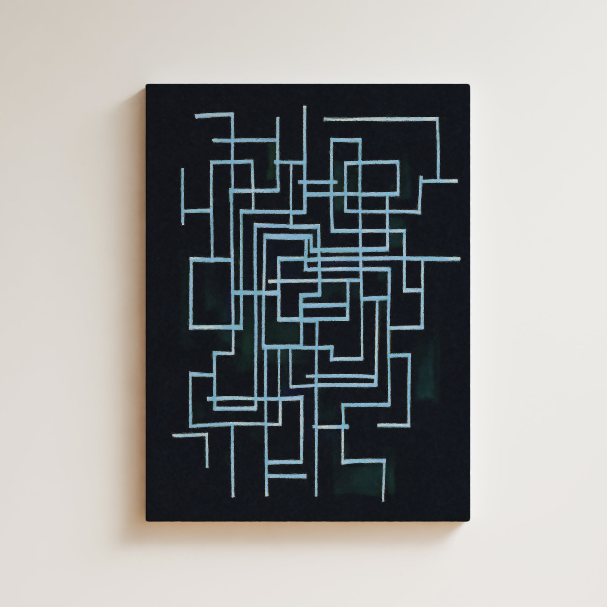 Abstract Artwork Print On Canvas - Minimalist Geometric Maze Lines - Blue, Black Color, Chic Wall Art Abstract