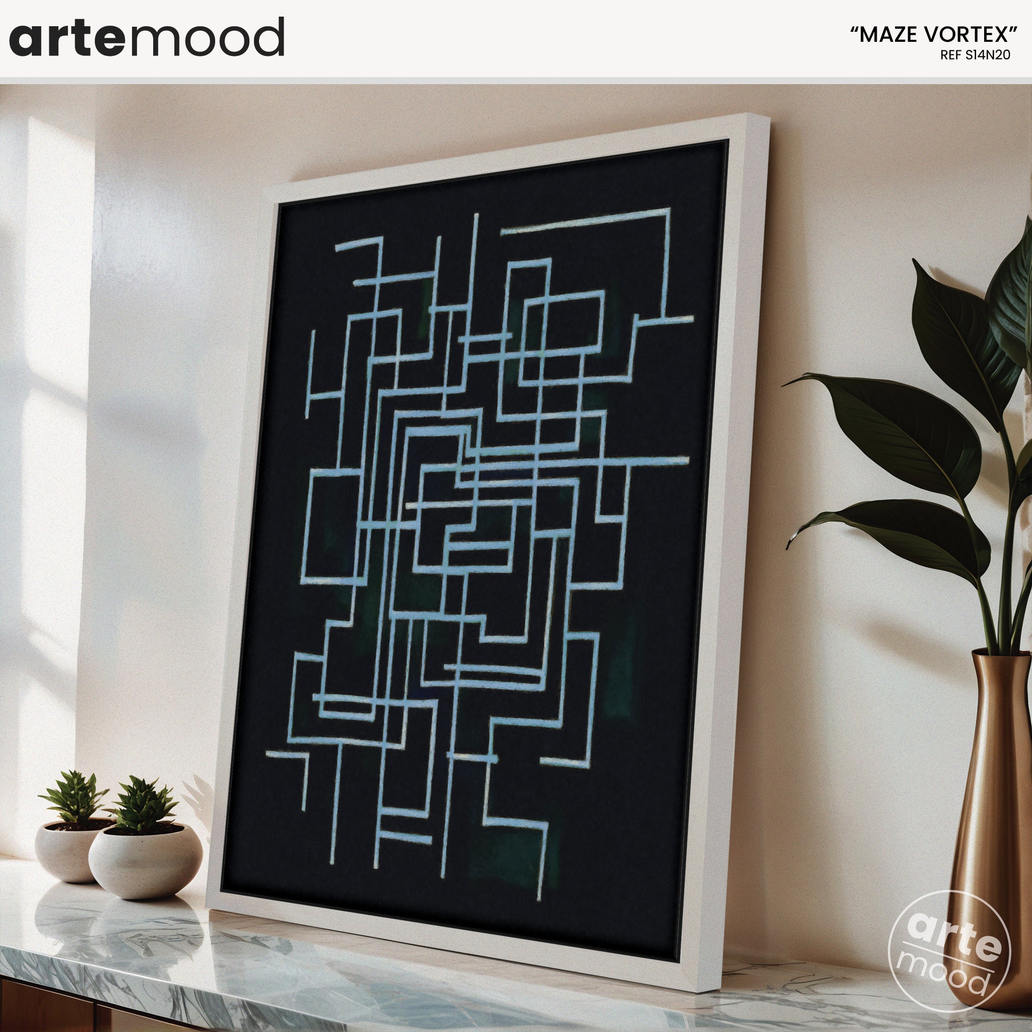 Abstract Artwork Print On Canvas - Minimalist Geometric Maze Lines - Blue, Black Color, Chic Wall Art Abstract