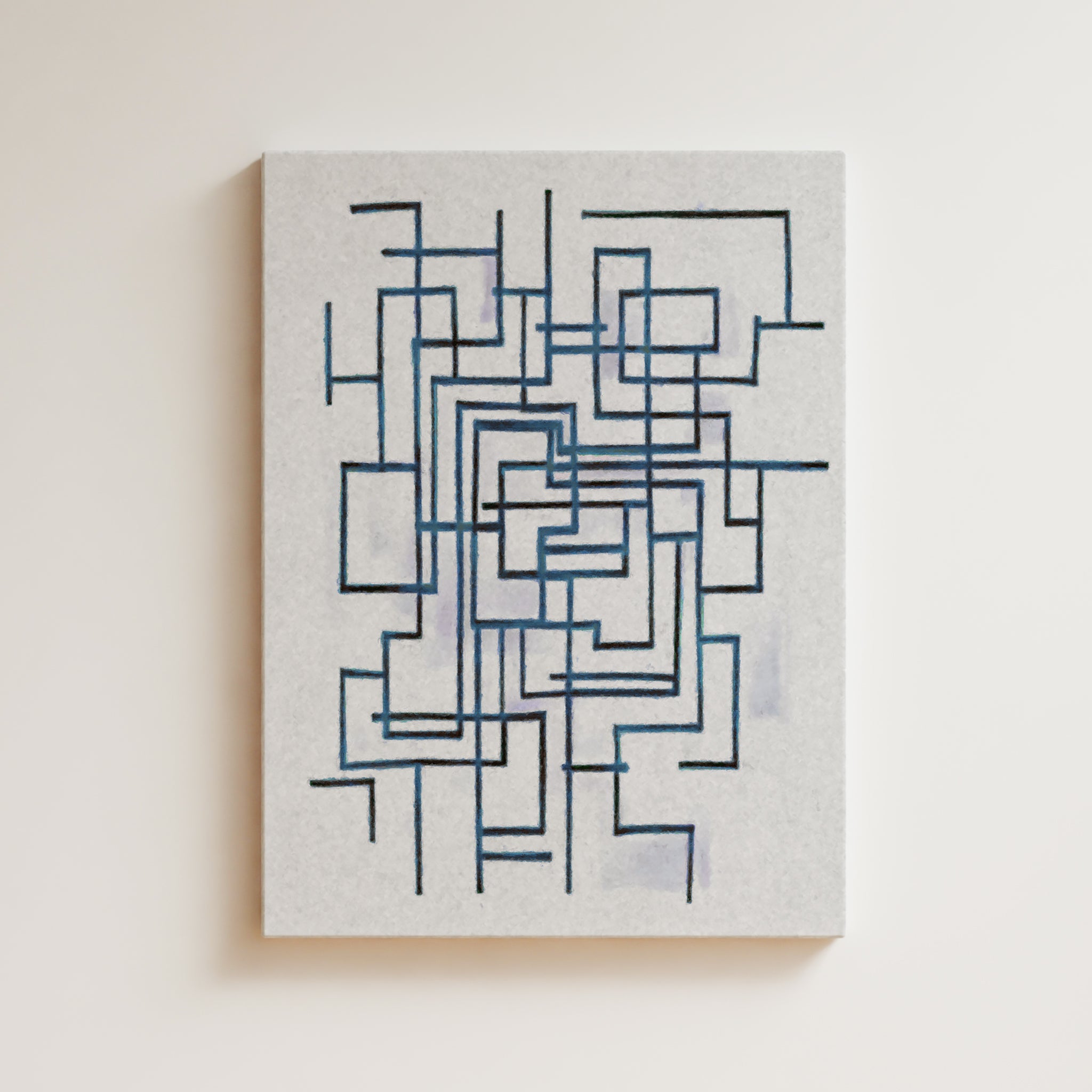 Abstract Artwork Print On Canvas - Minimalist Geometric Modern Art - Maze, Blue, White, Line Art