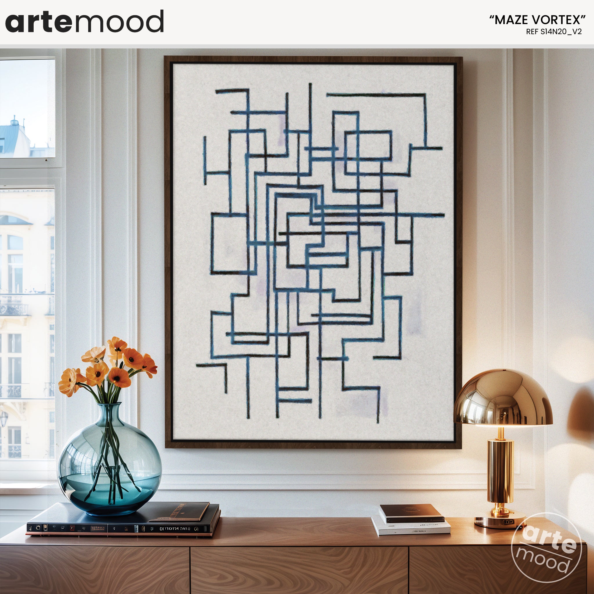 Abstract Artwork Print On Canvas - Minimalist Geometric Modern Art - Maze, Blue, White, Line Art