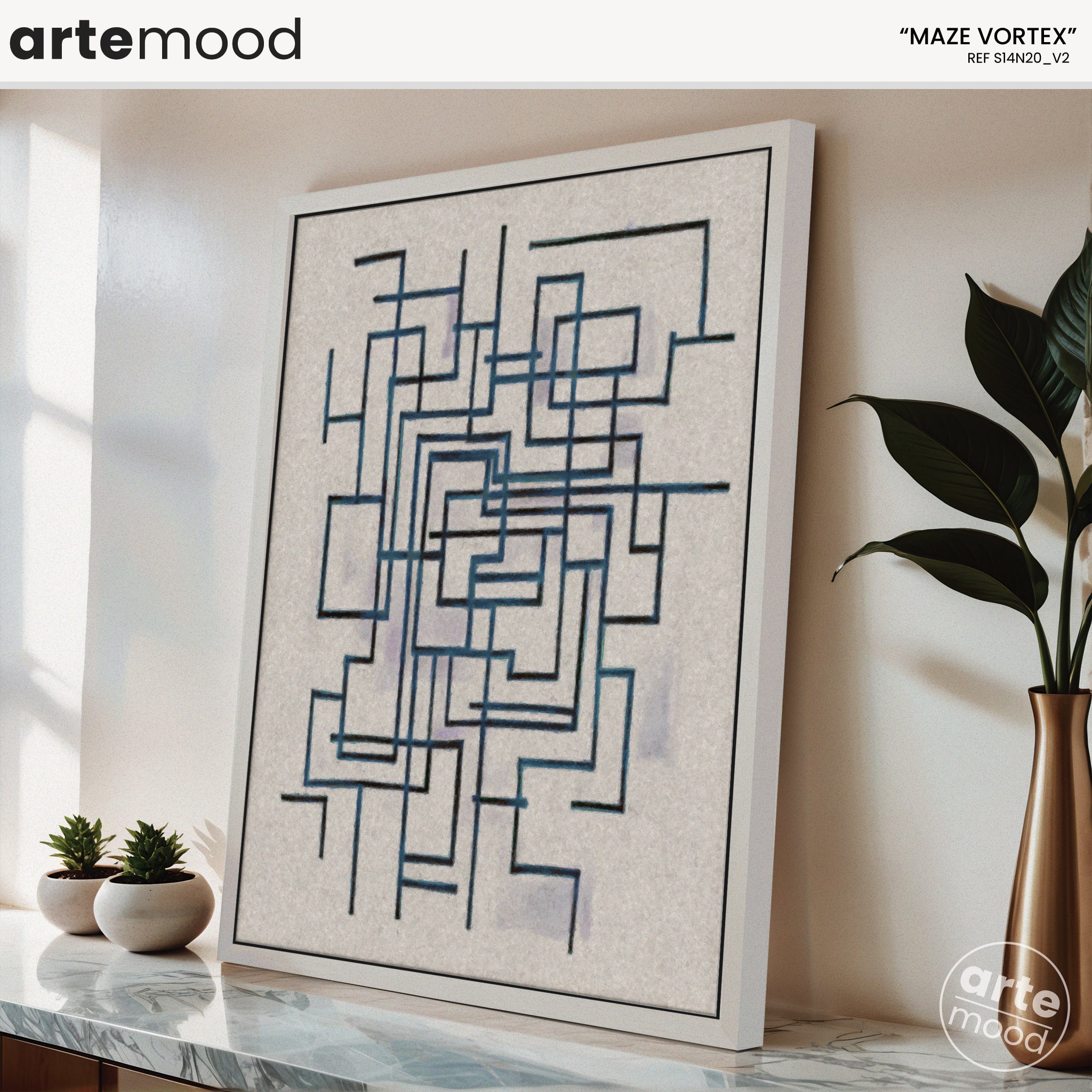 Abstract Artwork Print On Canvas - Minimalist Geometric Modern Art - Maze, Blue, White, Line Art