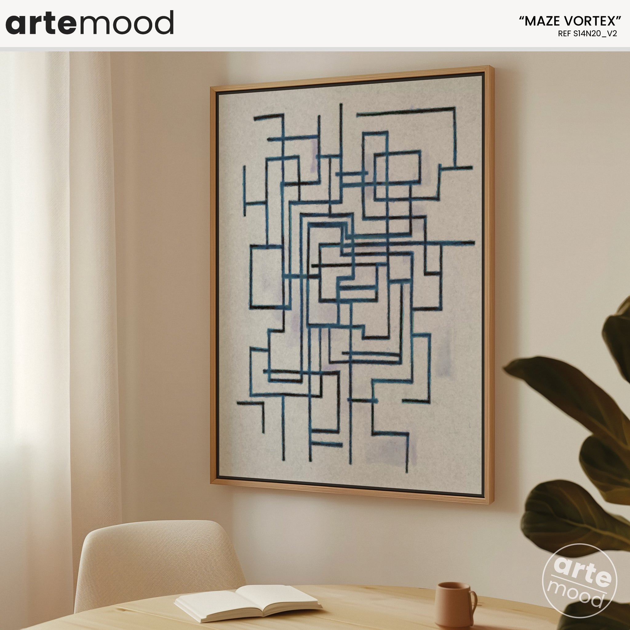 Abstract Artwork Print On Canvas - Minimalist Geometric Modern Art - Maze, Blue, White, Line Art