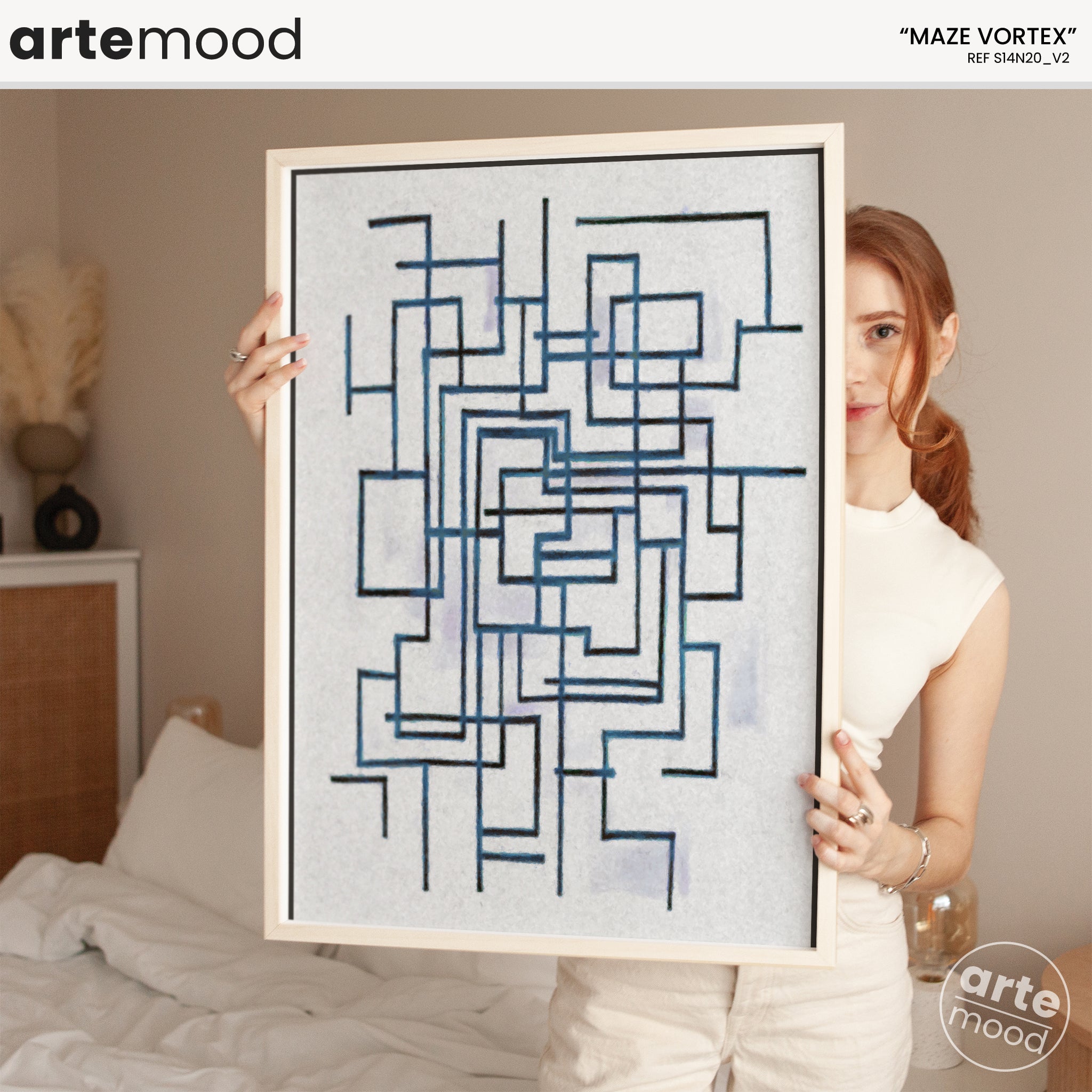 Abstract Artwork Print On Canvas - Minimalist Geometric Modern Art - Maze, Blue, White, Line Art