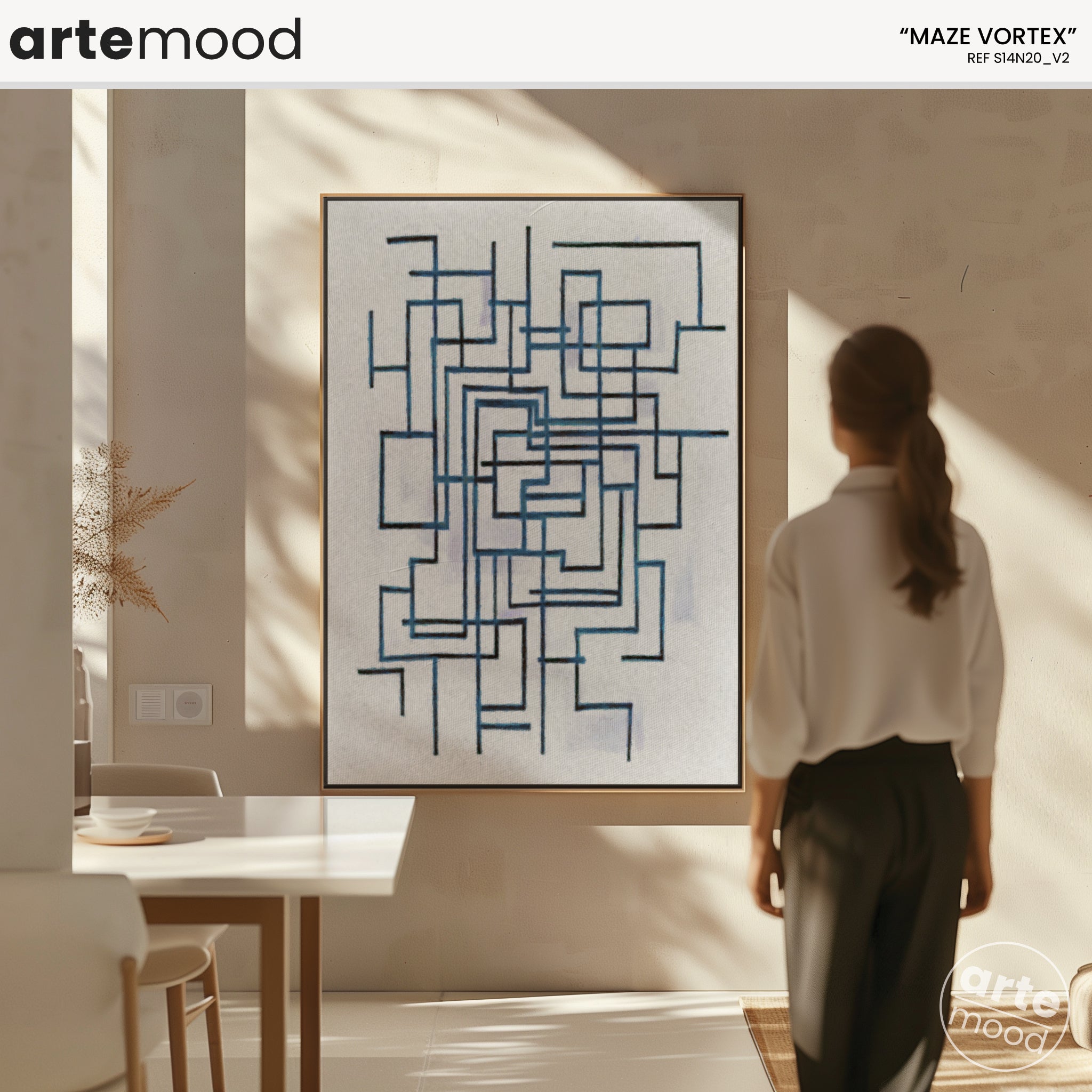 Abstract Artwork Print On Canvas - Minimalist Geometric Modern Art - Maze, Blue, White, Line Art