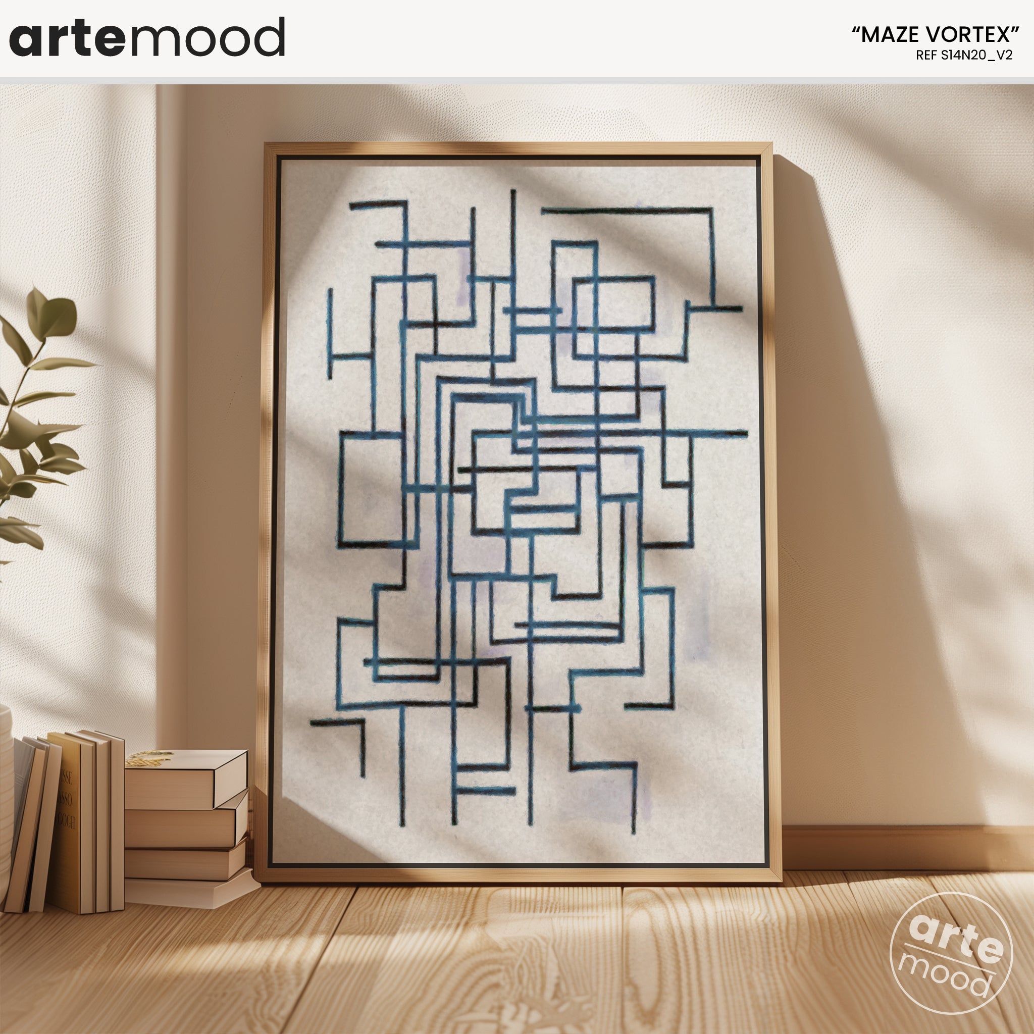 Abstract Artwork Print On Canvas - Minimalist Geometric Modern Art - Maze, Blue, White, Line Art