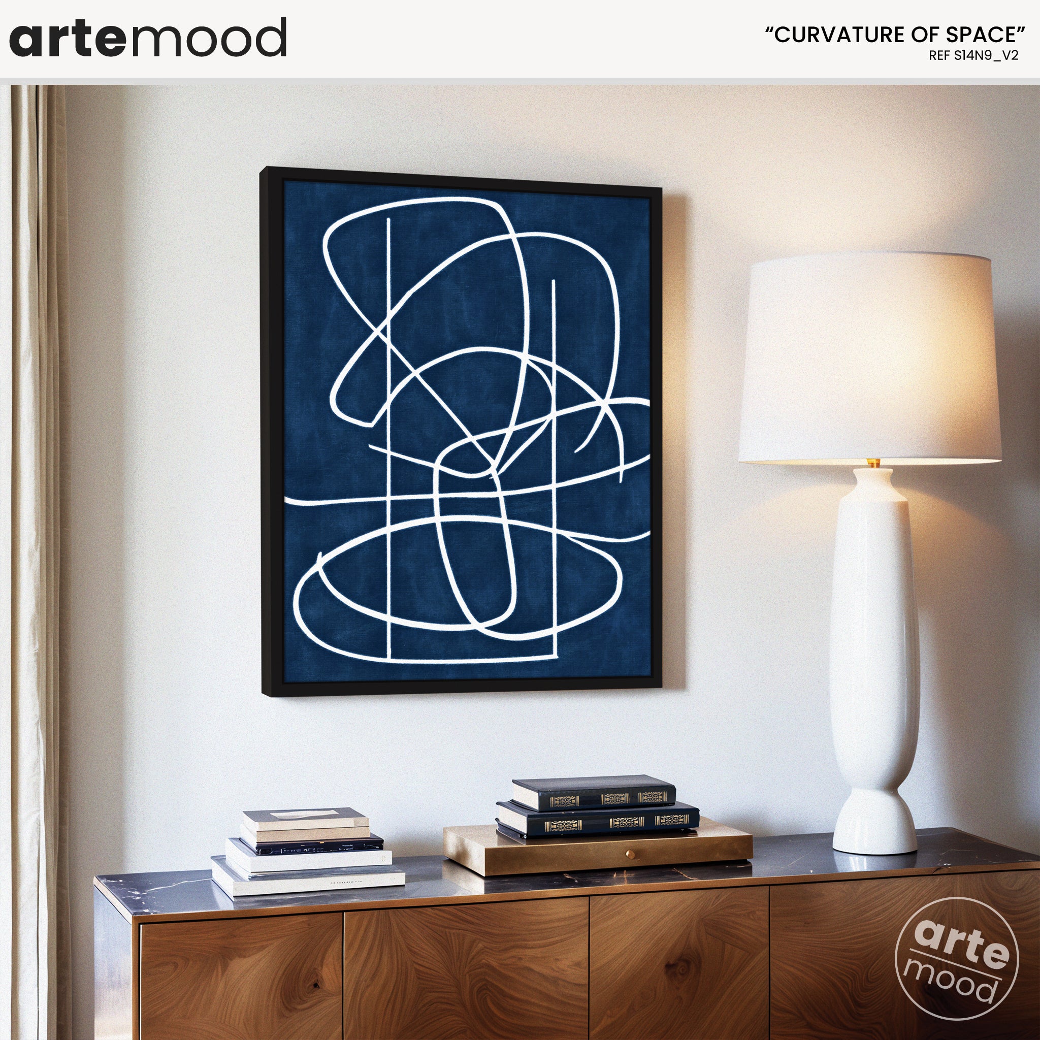 Abstract Artwork Print On Canvas - Minimalist Line Art - Fluid Art - White On Blue Lines