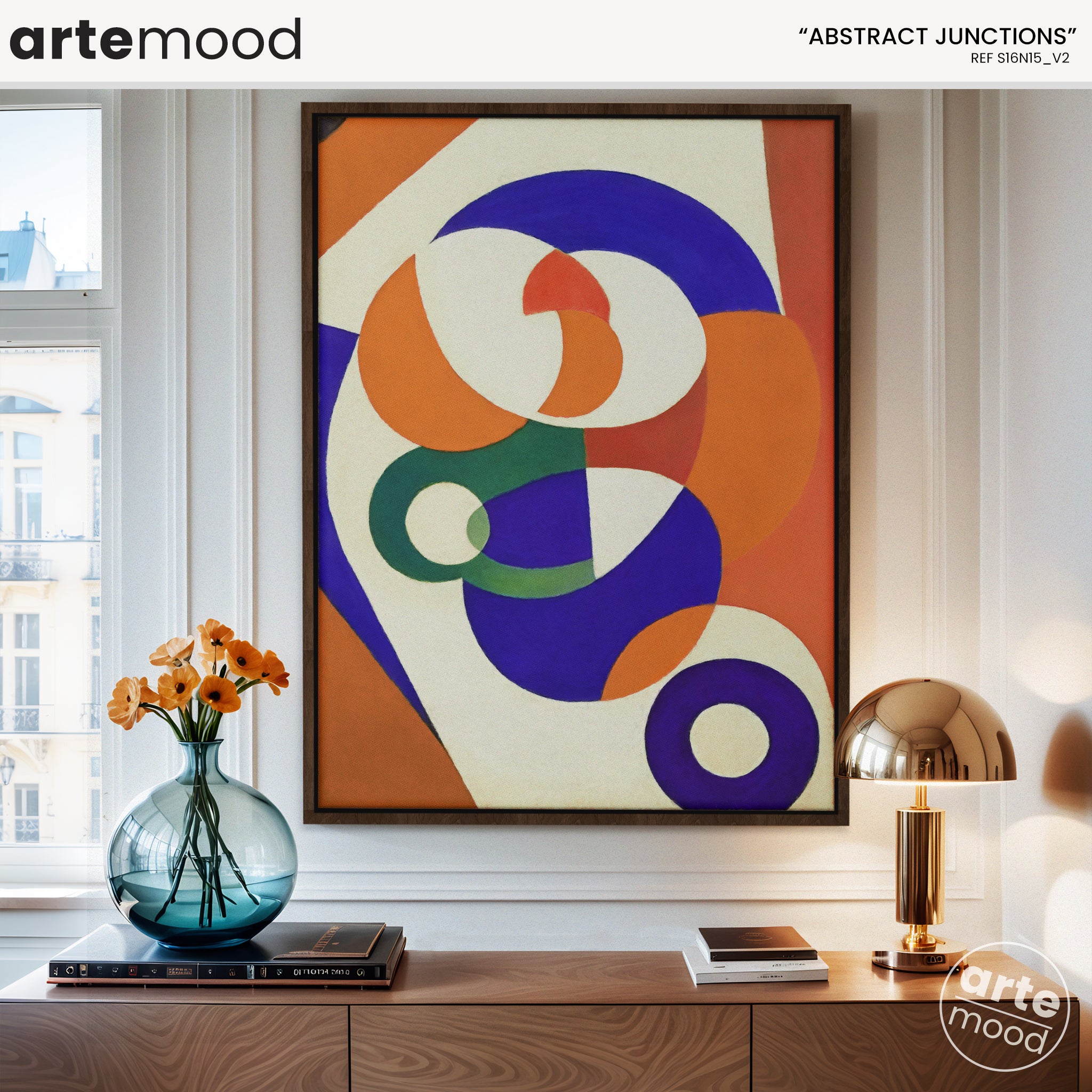 Abstract Artwork Print On Canvas - Minimalist Geometric Modern Art - Contemporary Wall Art Composition Orange Blue Circle Organic Fluid