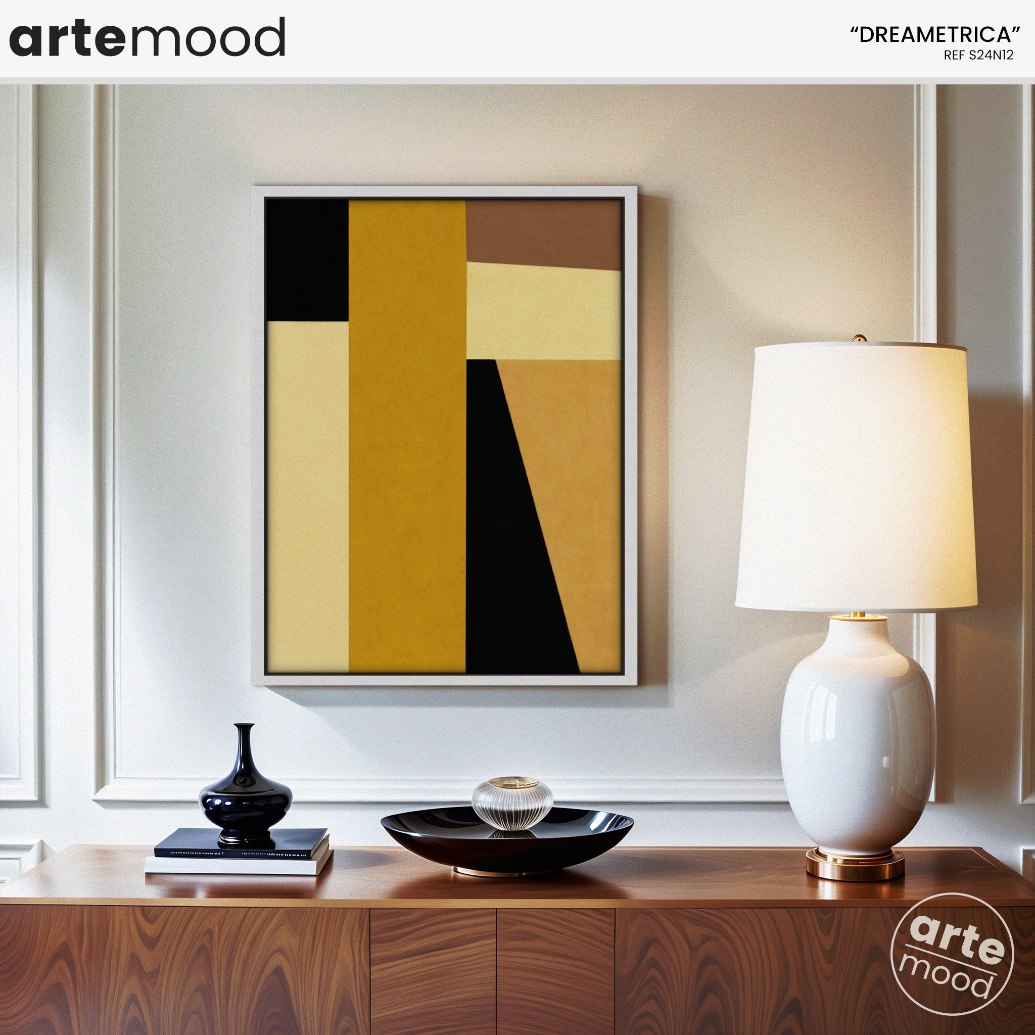 Abstract Artwork Print On Canvas - Minimalist Geometric Modern Art - Yellow, Black, Golden, Minimal Composition Art