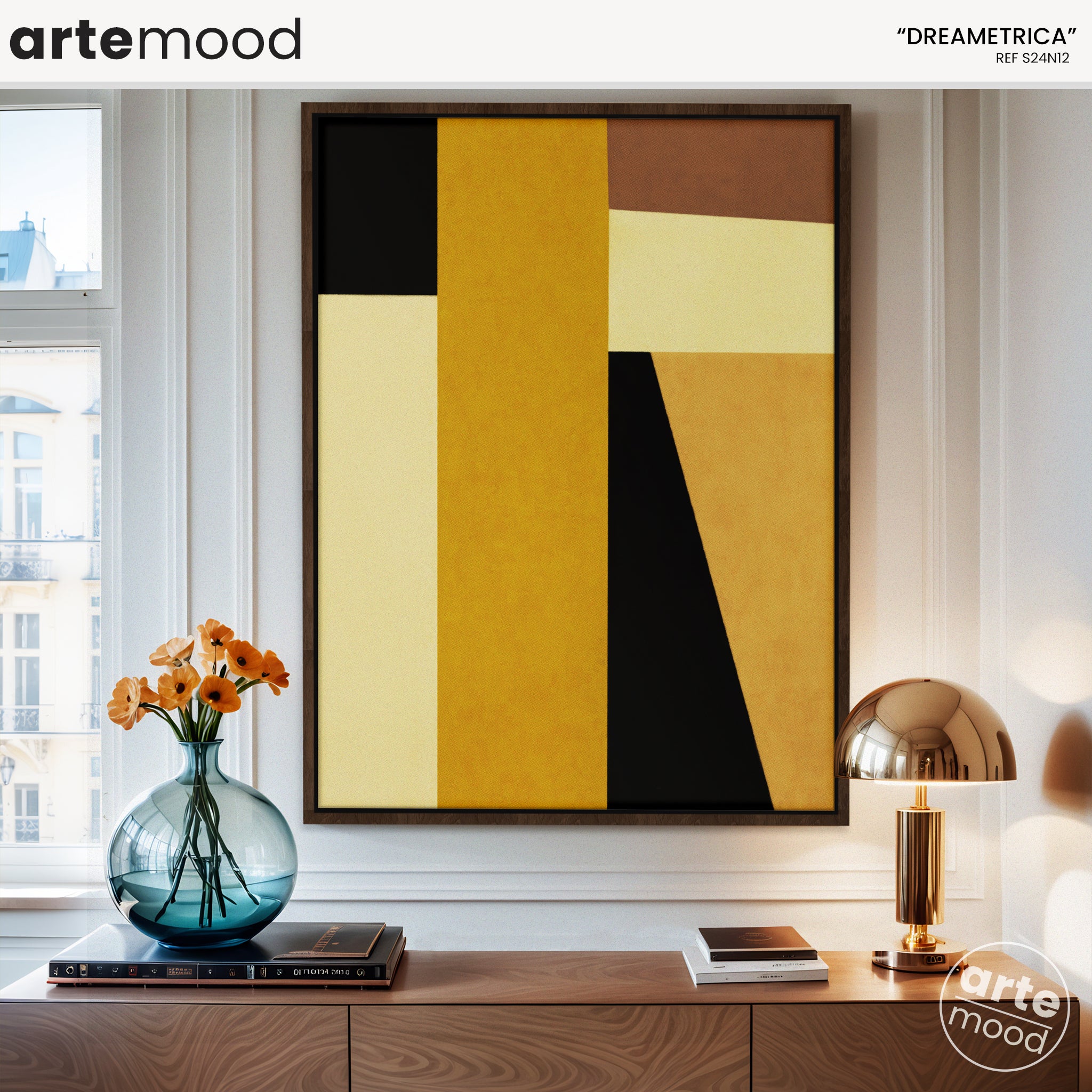 Abstract Artwork Print On Canvas - Minimalist Geometric Modern Art - Yellow, Black, Golden, Minimal Composition Art