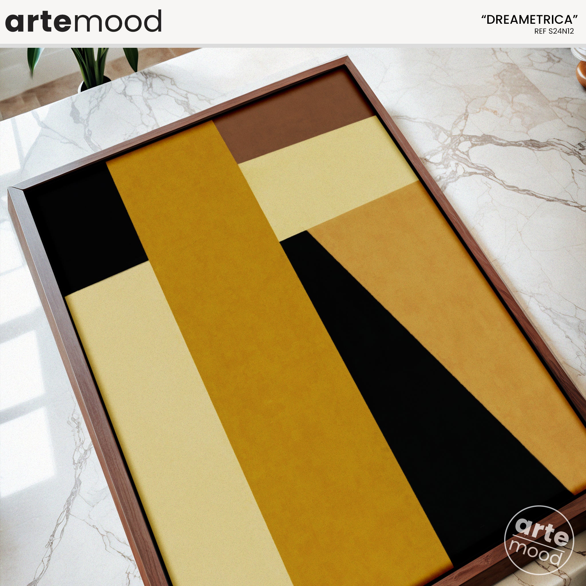 Abstract Artwork Print On Canvas - Minimalist Geometric Modern Art - Yellow, Black, Golden, Minimal Composition Art