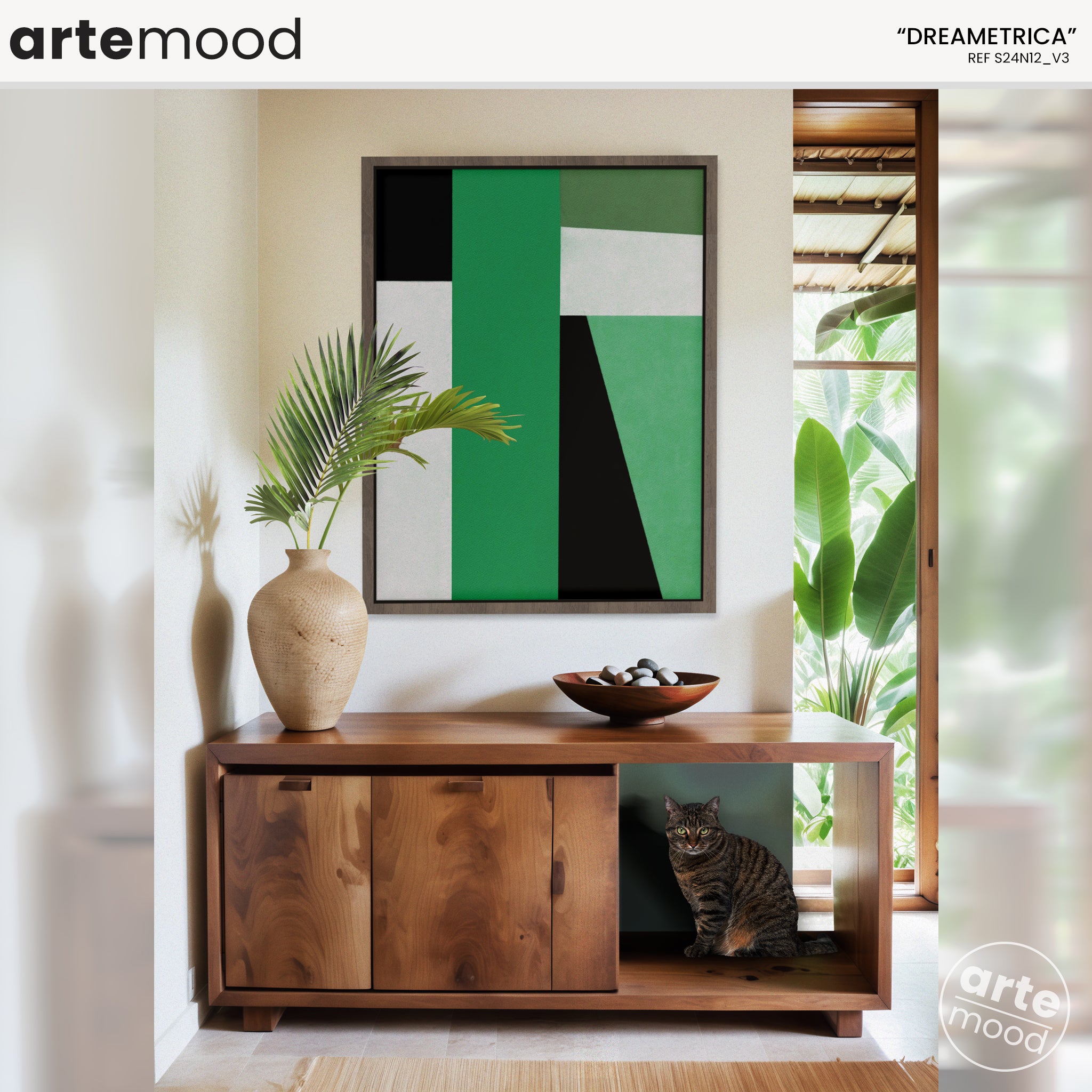 Abstract Artwork Print On Canvas - Minimalist Geometric Modern Art - Green, Black, White, Minimal Composition