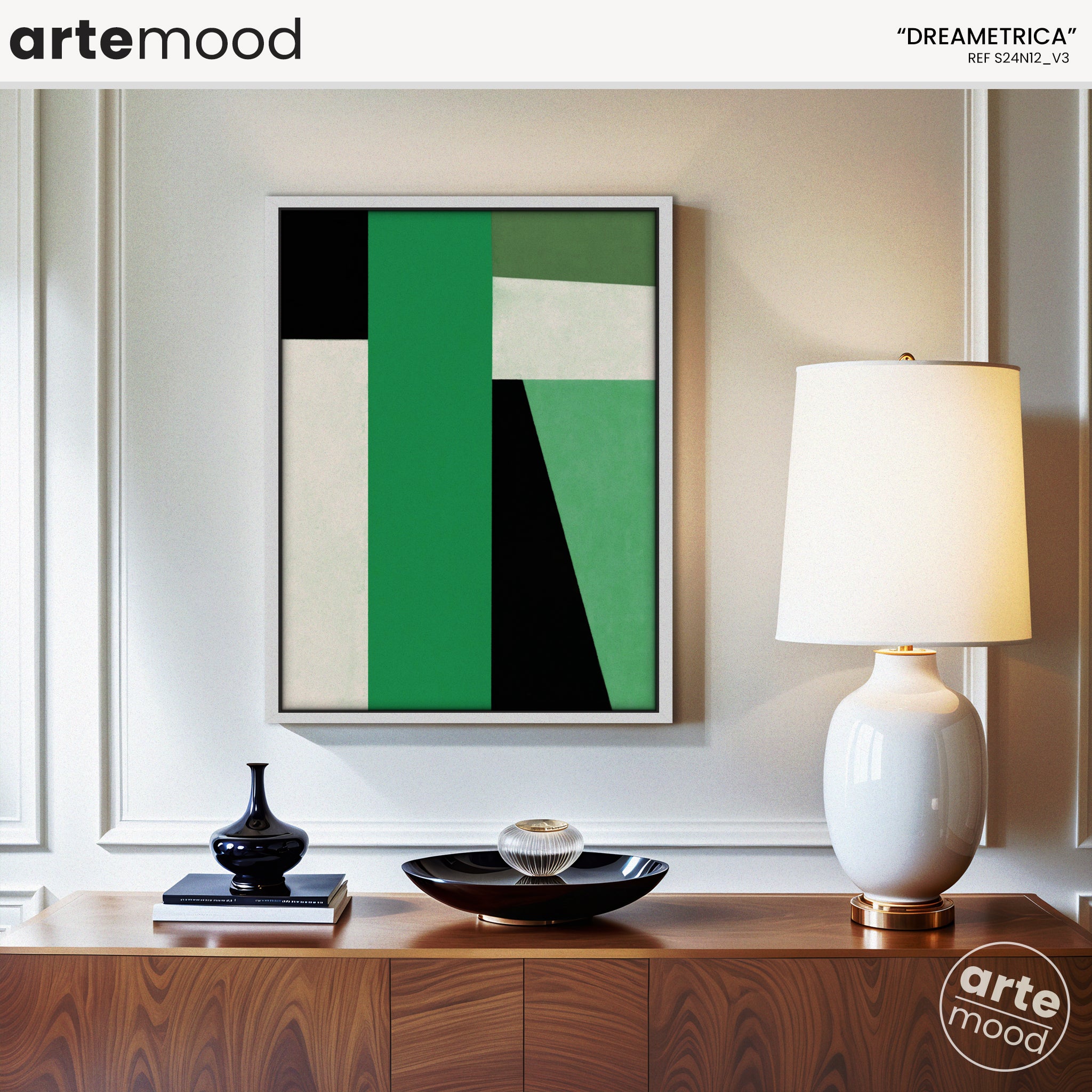 Abstract Artwork Print On Canvas - Minimalist Geometric Modern Art - Green, Black, White, Minimal Composition