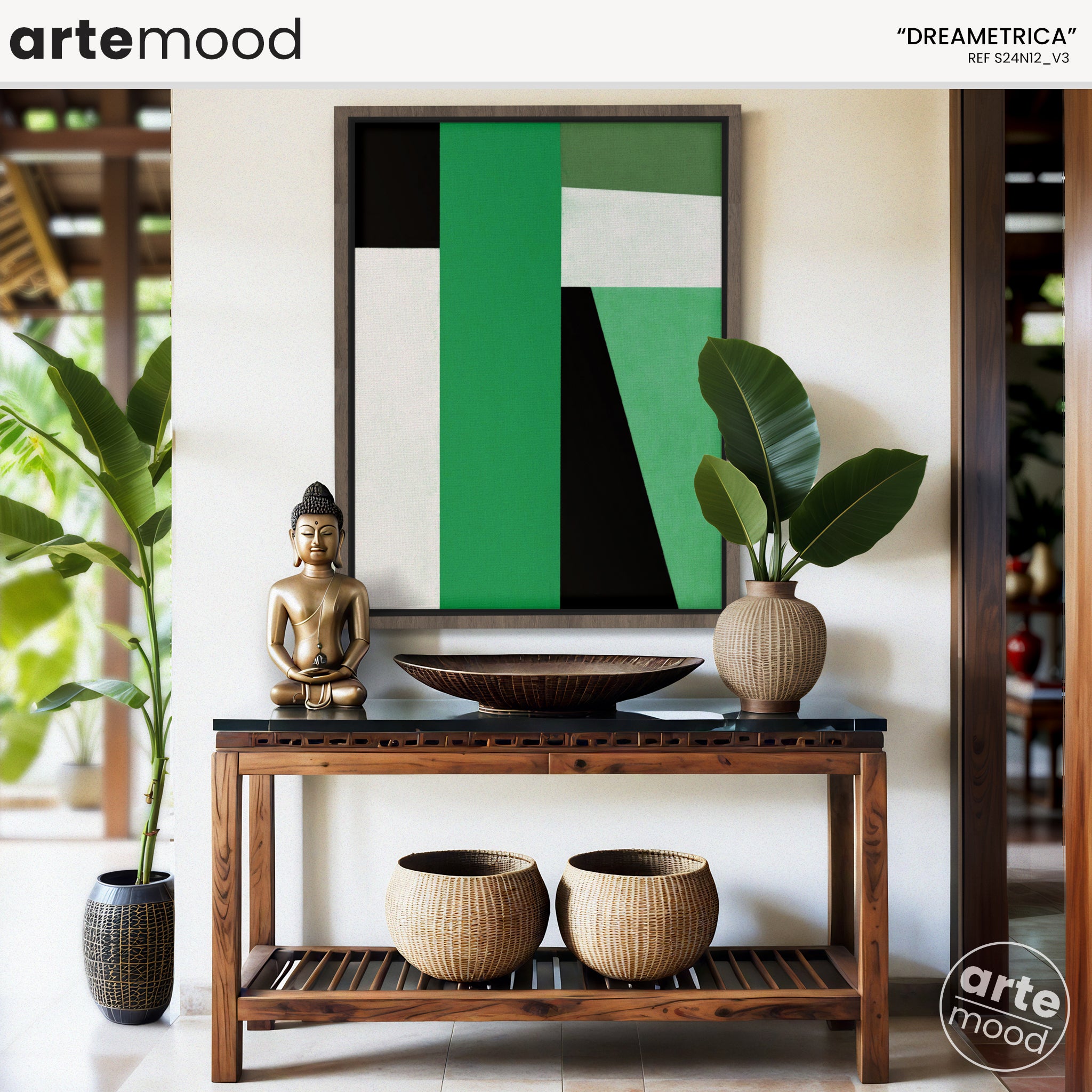 Abstract Artwork Print On Canvas - Minimalist Geometric Modern Art - Green, Black, White, Minimal Composition