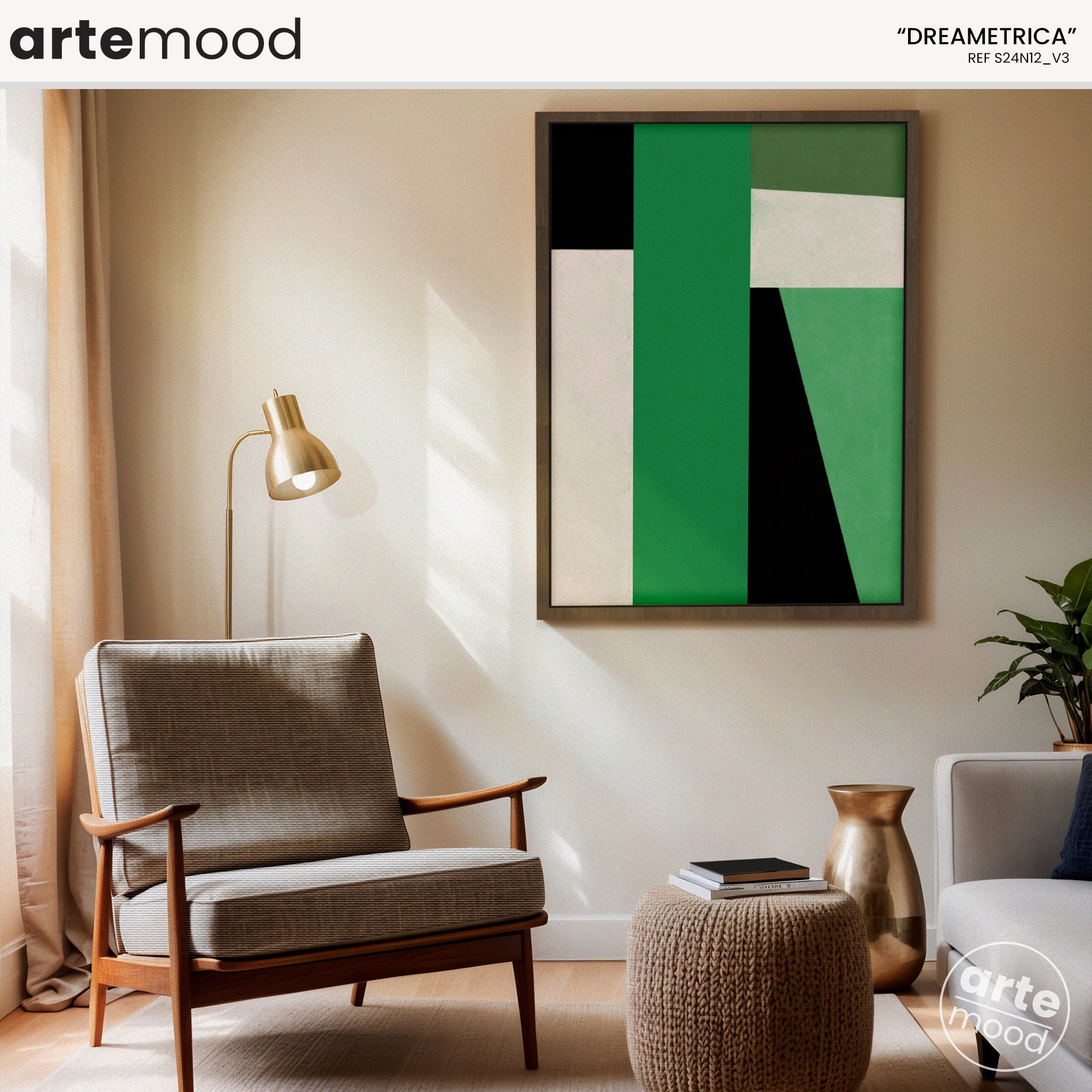 Abstract Artwork Print On Canvas - Minimalist Geometric Modern Art - Green, Black, White, Minimal Composition