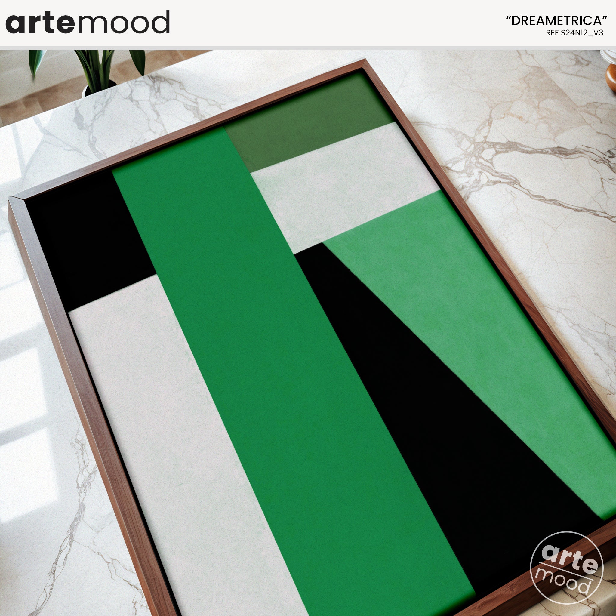 Abstract Artwork Print On Canvas - Minimalist Geometric Modern Art - Green, Black, White, Minimal Composition