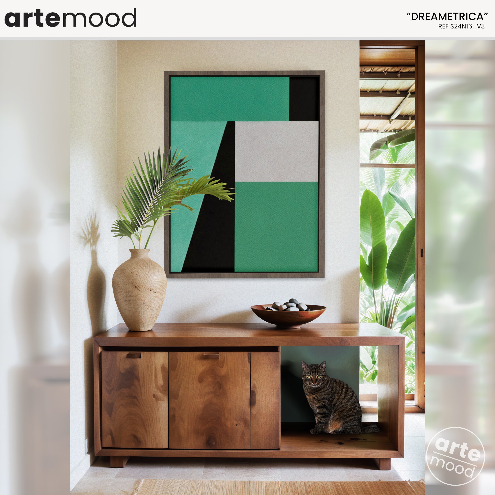 Abstract Artwork Print On Canvas - Minimalist Geometric Modern Art - Green, Black, White, Minimal Composition Art Print