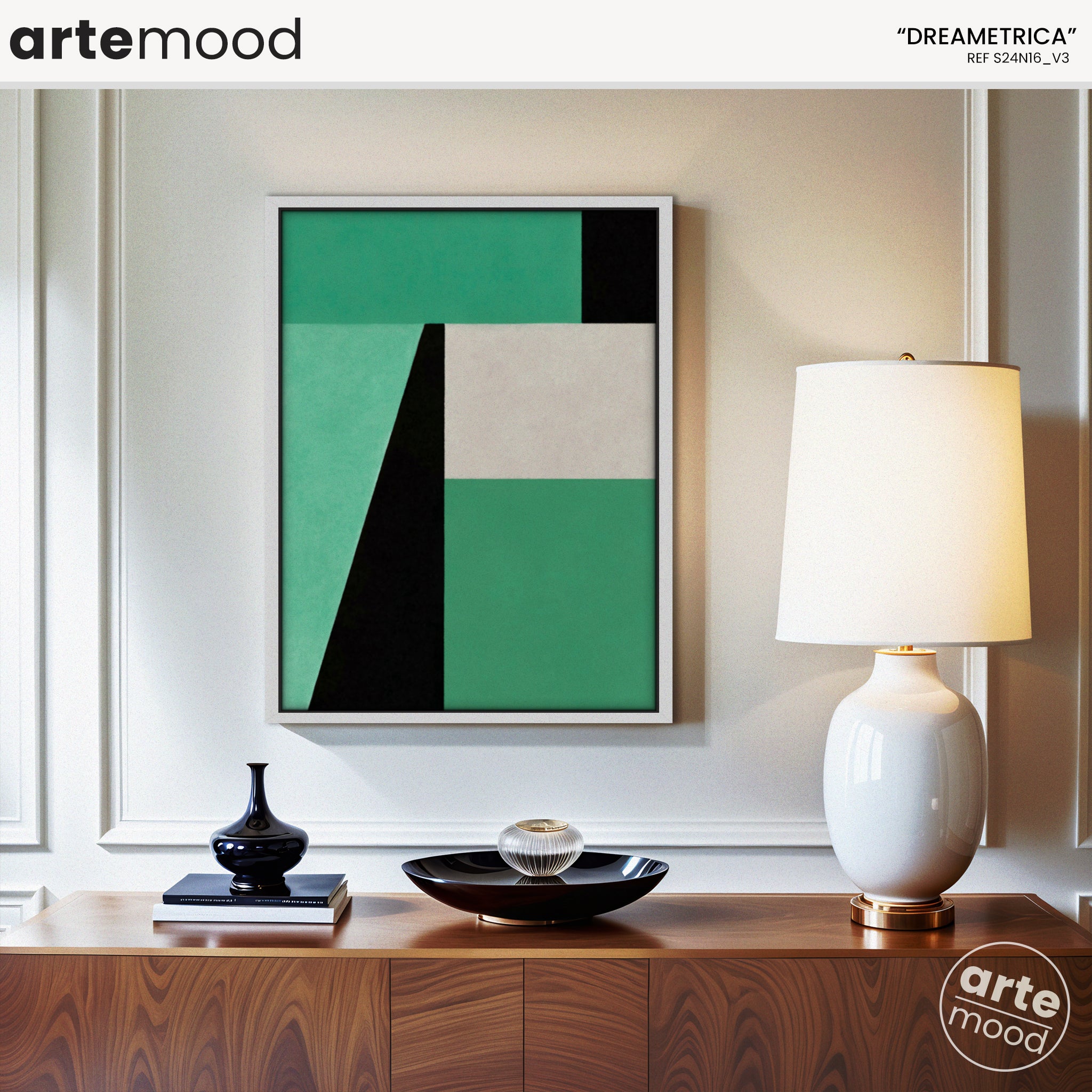 Abstract Artwork Print On Canvas - Minimalist Geometric Modern Art - Green, Black, White, Minimal Composition Art Print