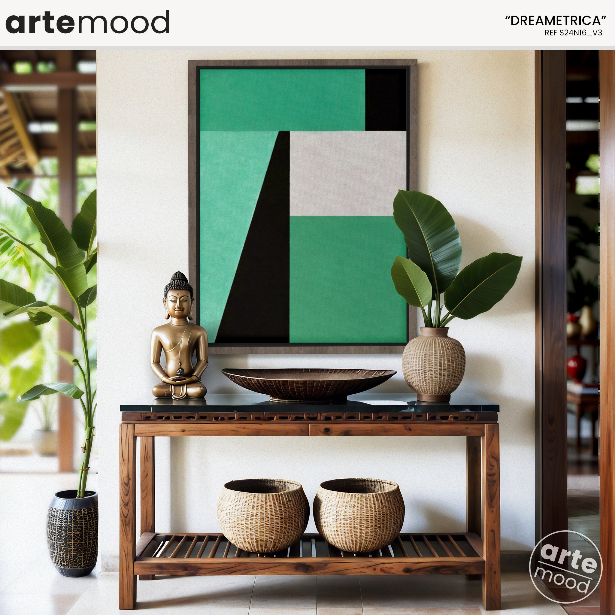 Abstract Artwork Print On Canvas - Minimalist Geometric Modern Art - Green, Black, White, Minimal Composition Art Print