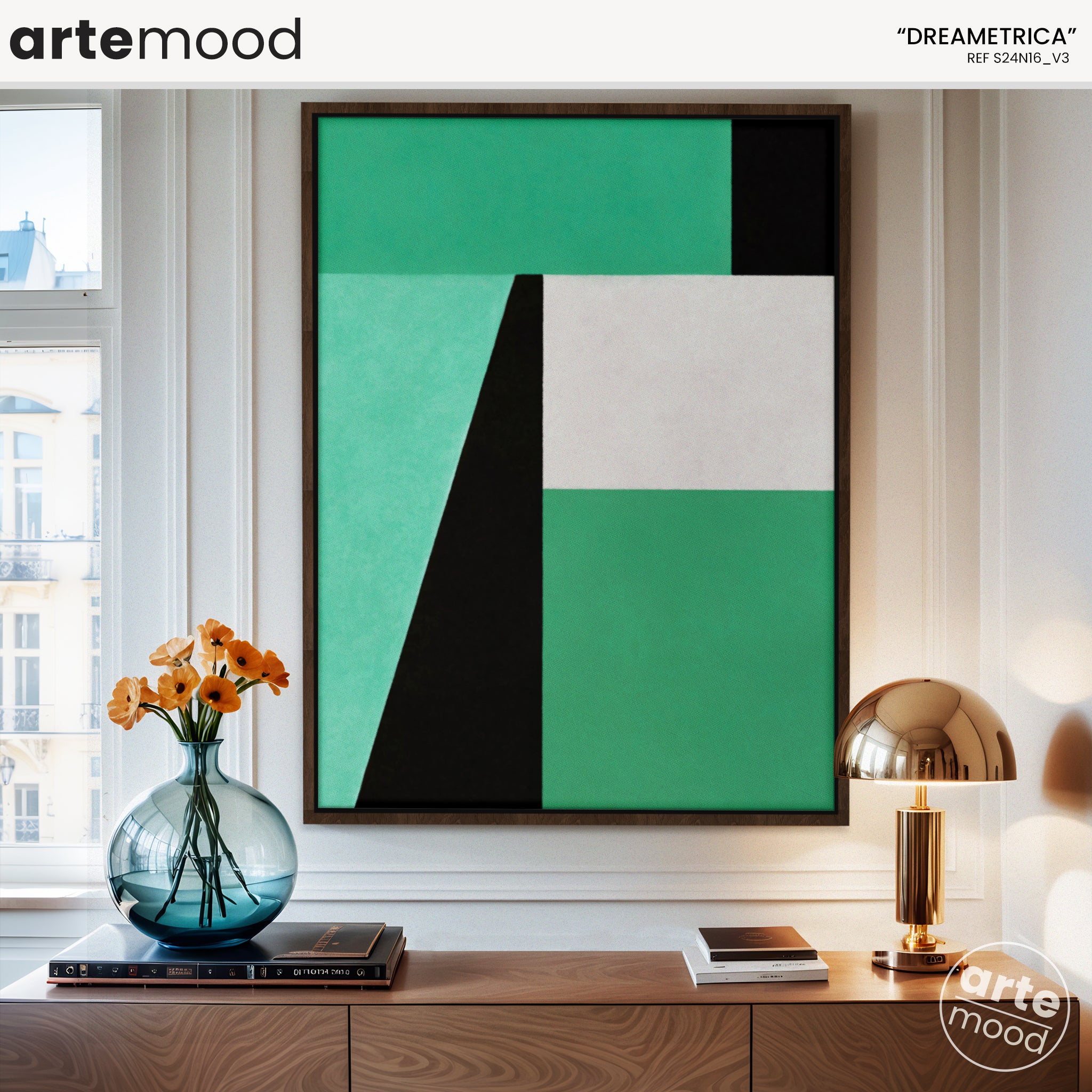 Abstract Artwork Print On Canvas - Minimalist Geometric Modern Art - Green, Black, White, Minimal Composition Art Print