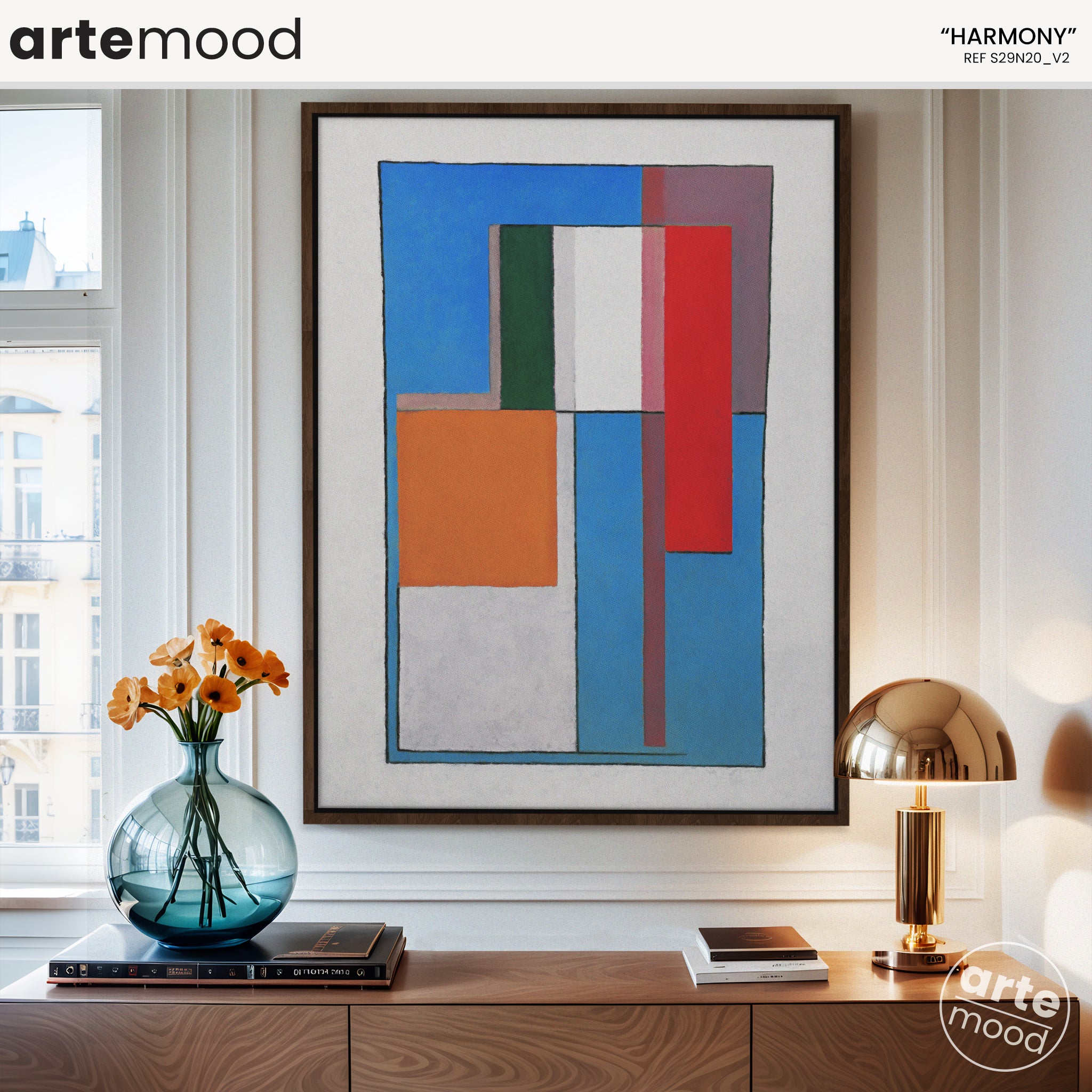 Abstract Artwork Print On Canvas - Minimalist Geometric Modern Art - Blue, Red, Orange, White, Green, Minimal Color Block Composition