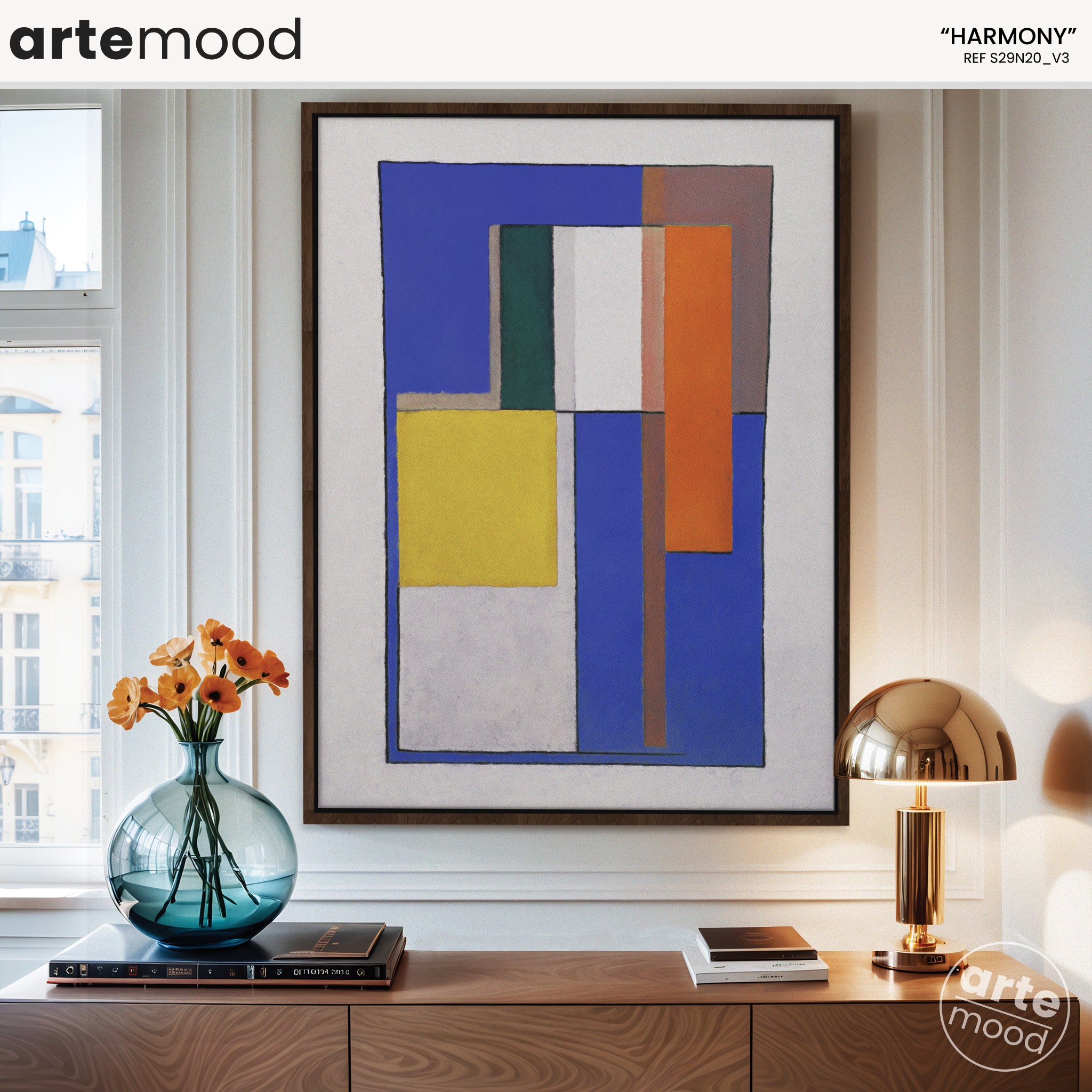 Abstract Artwork Print On Canvas - Minimalist Geometric Modern Art - Blue, Orange, Yellow, Minimal Composition , Color Block Wall Art Decor