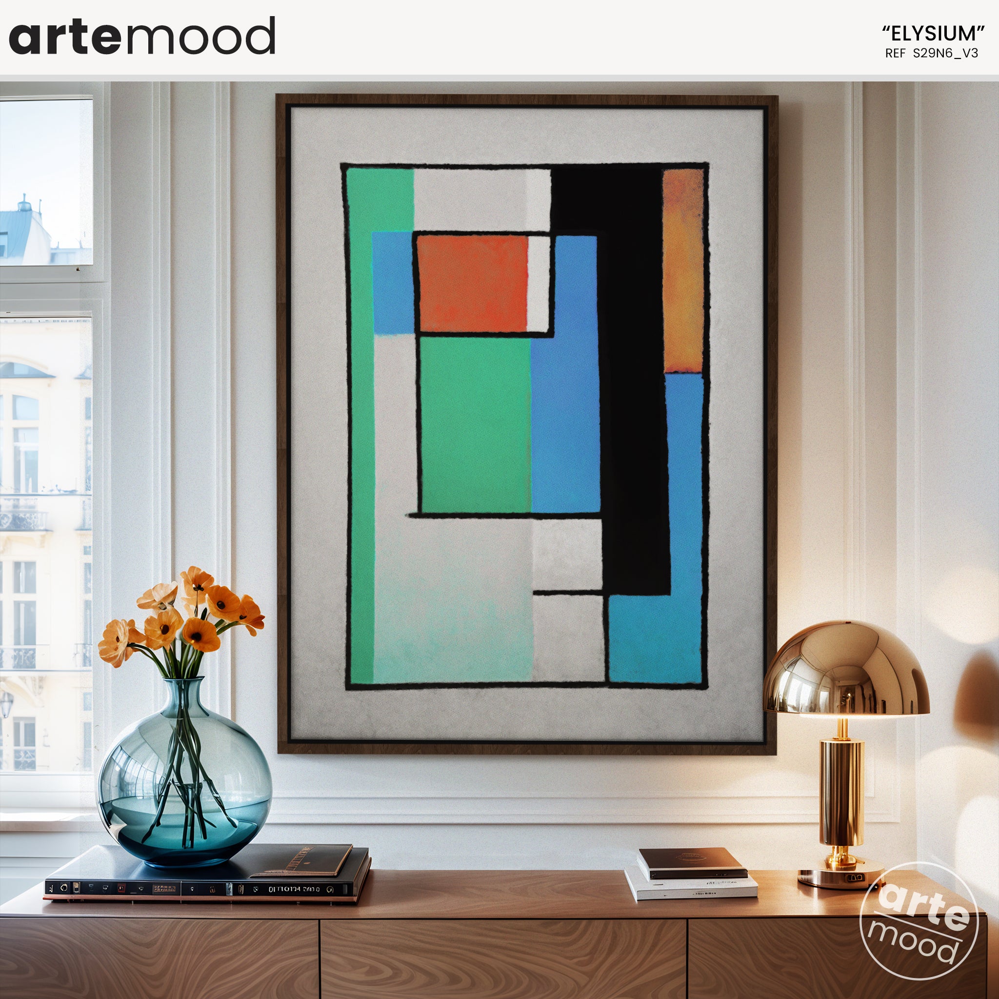 Abstract Artwork Print On Canvas - Minimalist Geometric Modern Art - Blue, Green, Black, Orange, Minimal Composition Geometrical