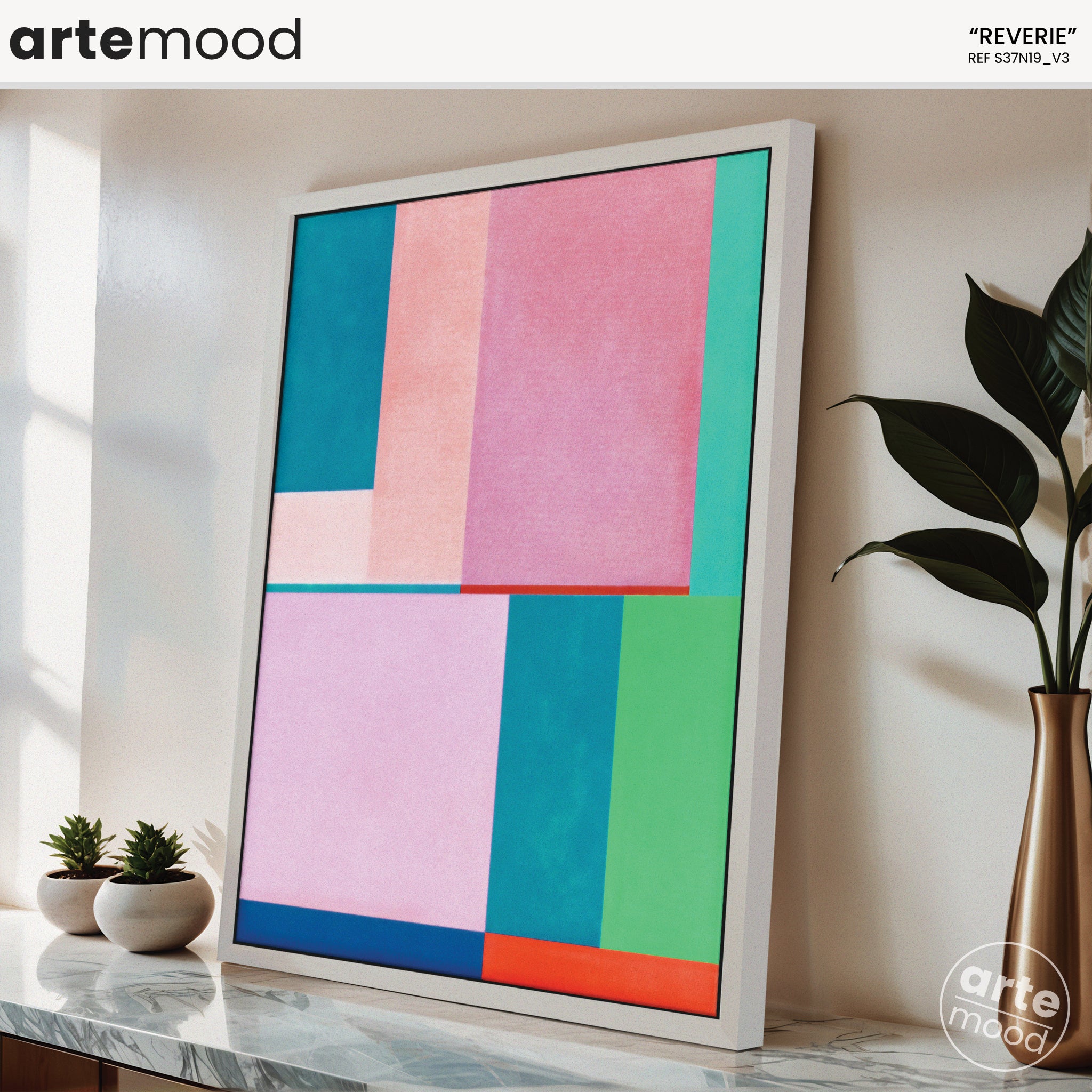 Color Field Artwork Print On Canvas - Pink Tones, Blue, Green, Geometric Shapes, Naive, Fun