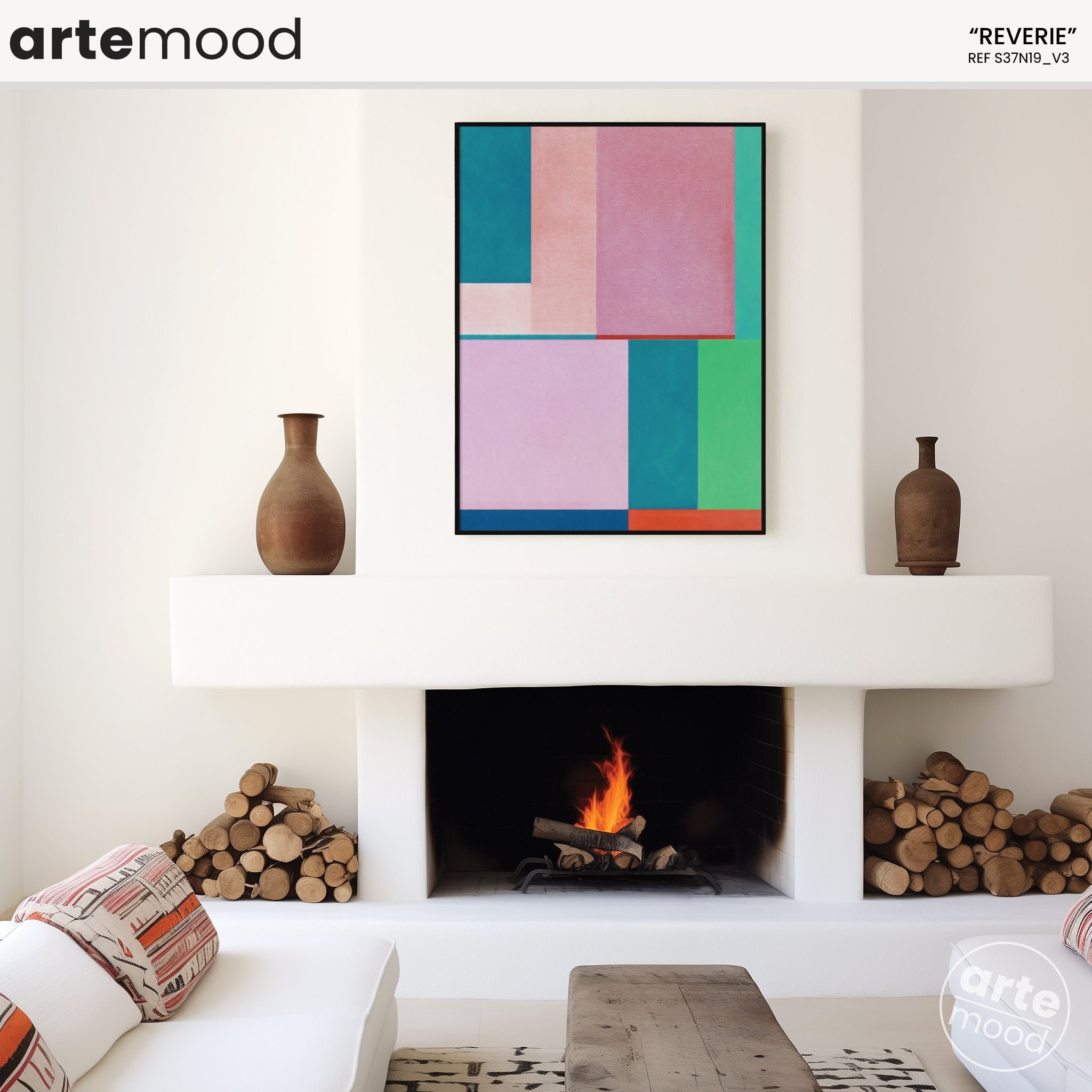 Color Field Artwork Print On Canvas - Pink Tones, Blue, Green, Geometric Shapes, Naive, Fun