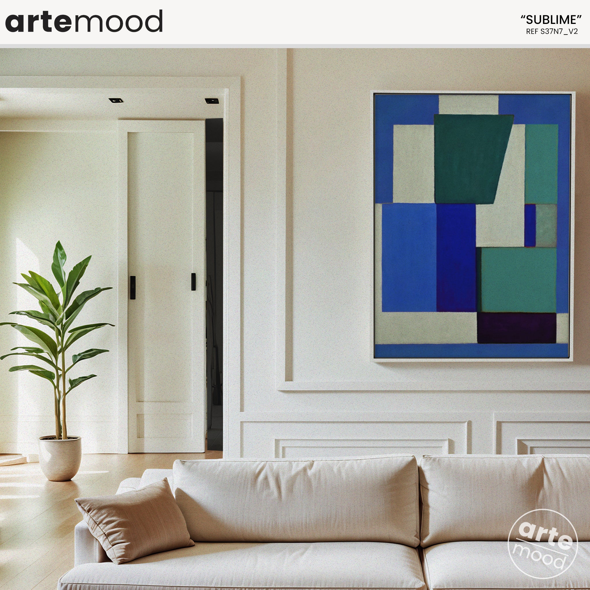 Abstract Artwork Print On Canvas - Minimalist Geometric Modern Art - Blue, Green, White, Contemporary Composition Wall Art