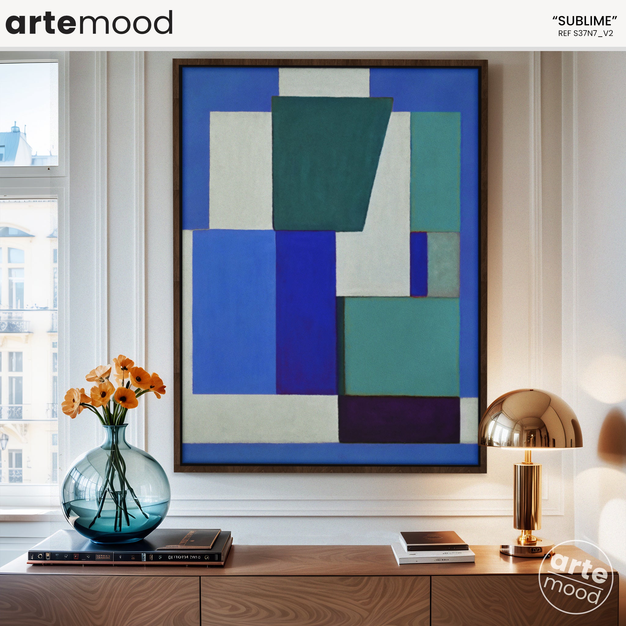 Abstract Artwork Print On Canvas - Minimalist Geometric Modern Art - Blue, Green, White, Contemporary Composition Wall Art