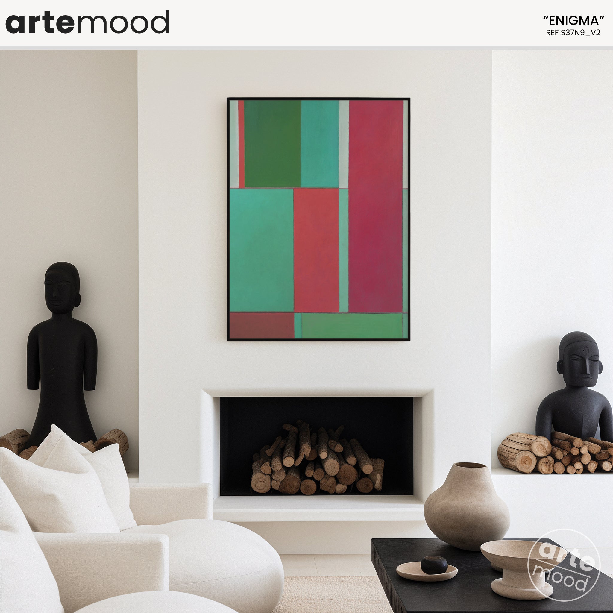 Abstract Artwork Print On Canvas - Minimalist Geometric Modern Color Block - Green, Orange, Red, Chic, Elegant Wall Art Framed