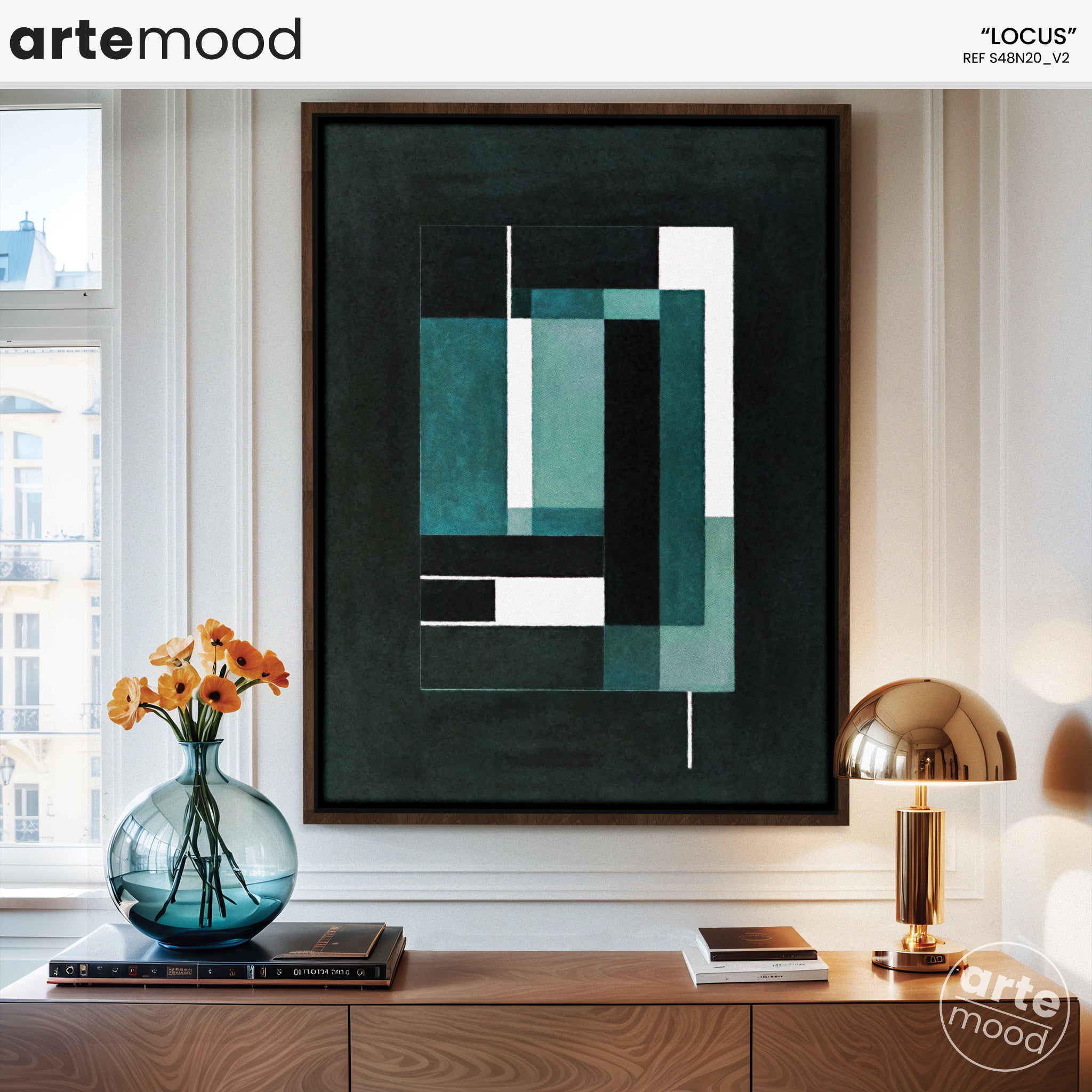 Abstract Artwork Print - Modern Art Canvas - Dark Background With Green Blue, Precise, Geometric Art, Logical